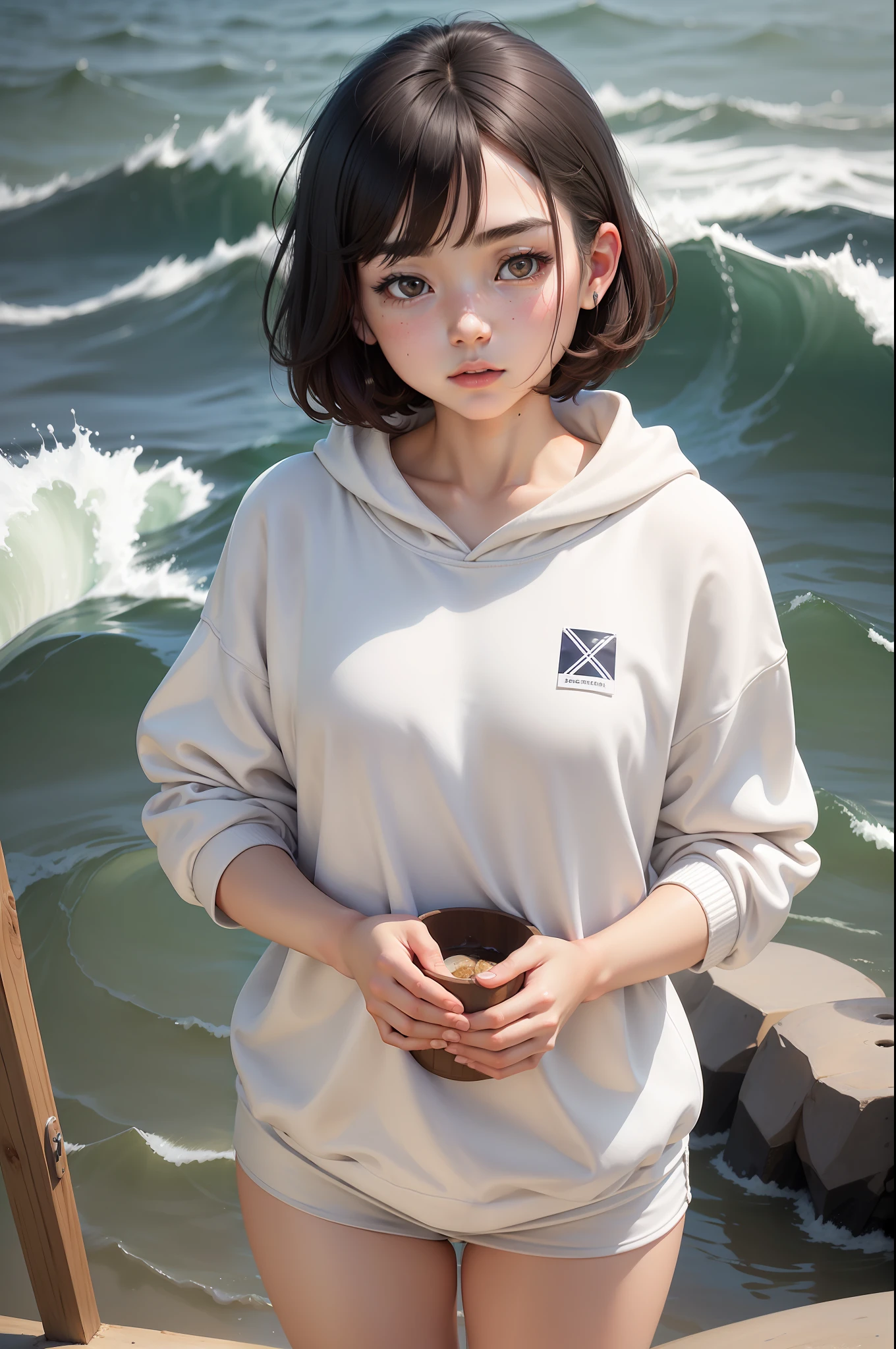 A female 19 years old Height 1.78 meters Short hair, long flowing sea, round face, round chin, a mole on the lower left side of the face, high nose bridge, small nose, tiny eyes, thick eyebrows, round ears, slightly fat body, slightly sick, white skin, introverted wearing a sweatshirt and white shorts with a white basket