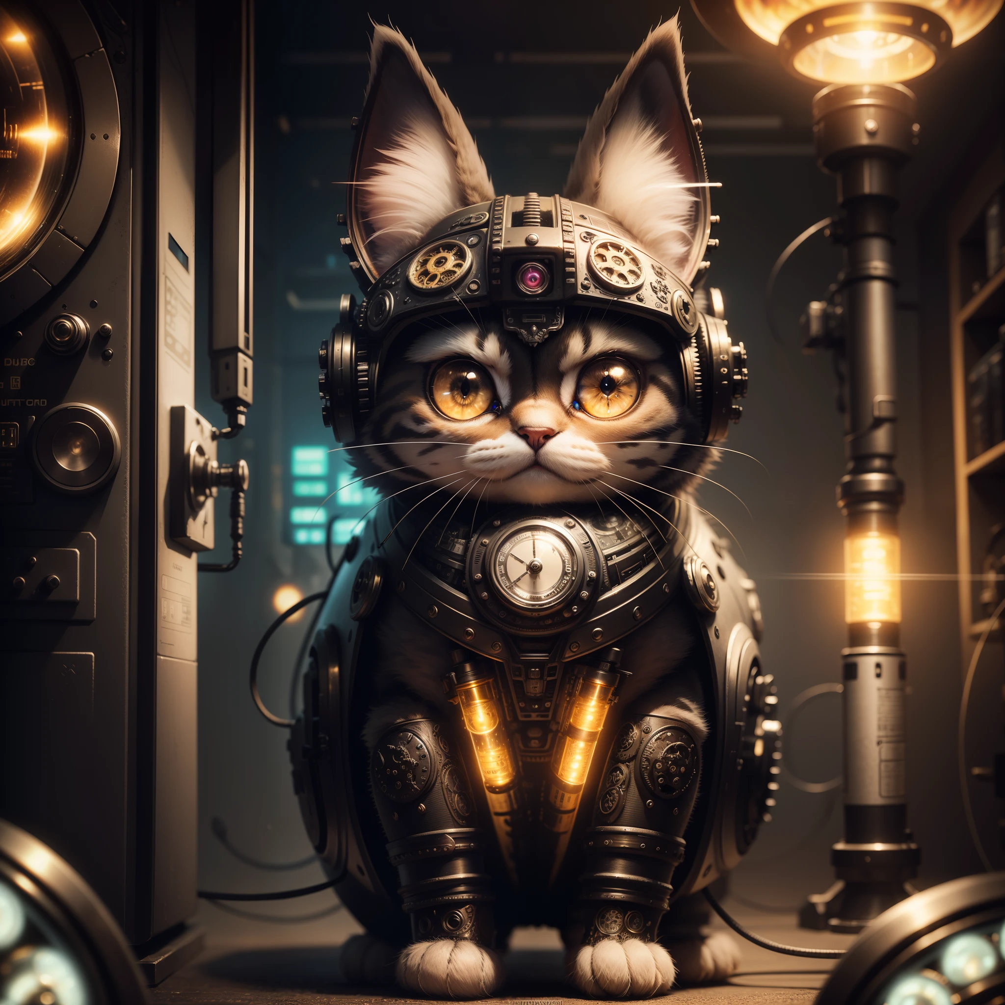 a cute fluffy kitten made out of metal, cyborg, cyberpunk style, clockwork, ((intricate details)), hdr, big eyes, ((intricate details, hyperdetailed)), vacuum tube or electron tube, cinematic shot, vignette, bokeh effect beckground