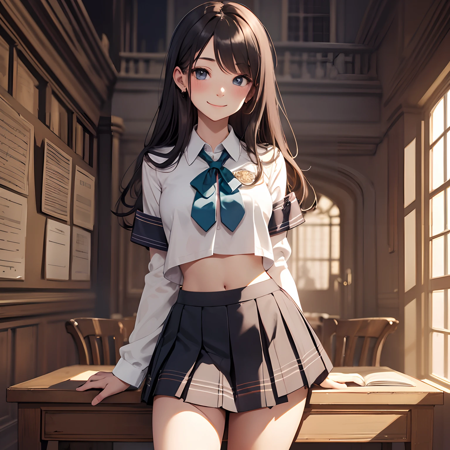 inside Hogwarts, adult, hogwarts school uniform, crop top, sexy, 18 years old, medium chest, cowboy shot, (long hair), smile, short skirt, school skirt