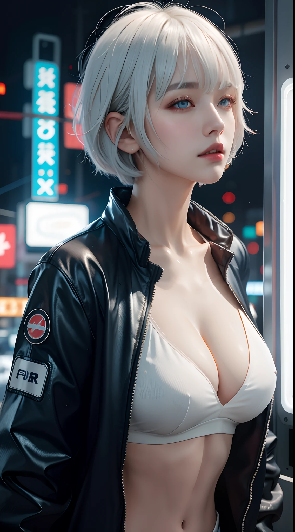 1girl, bangs, white hair, blue eyes, fashi-girl,bob cut,short hair, cleavage, collarbone, open jacket,mecha,cyberpunk,neon lights,large breasts,mature female,shiny skin,rain,water drop,badass,alluring