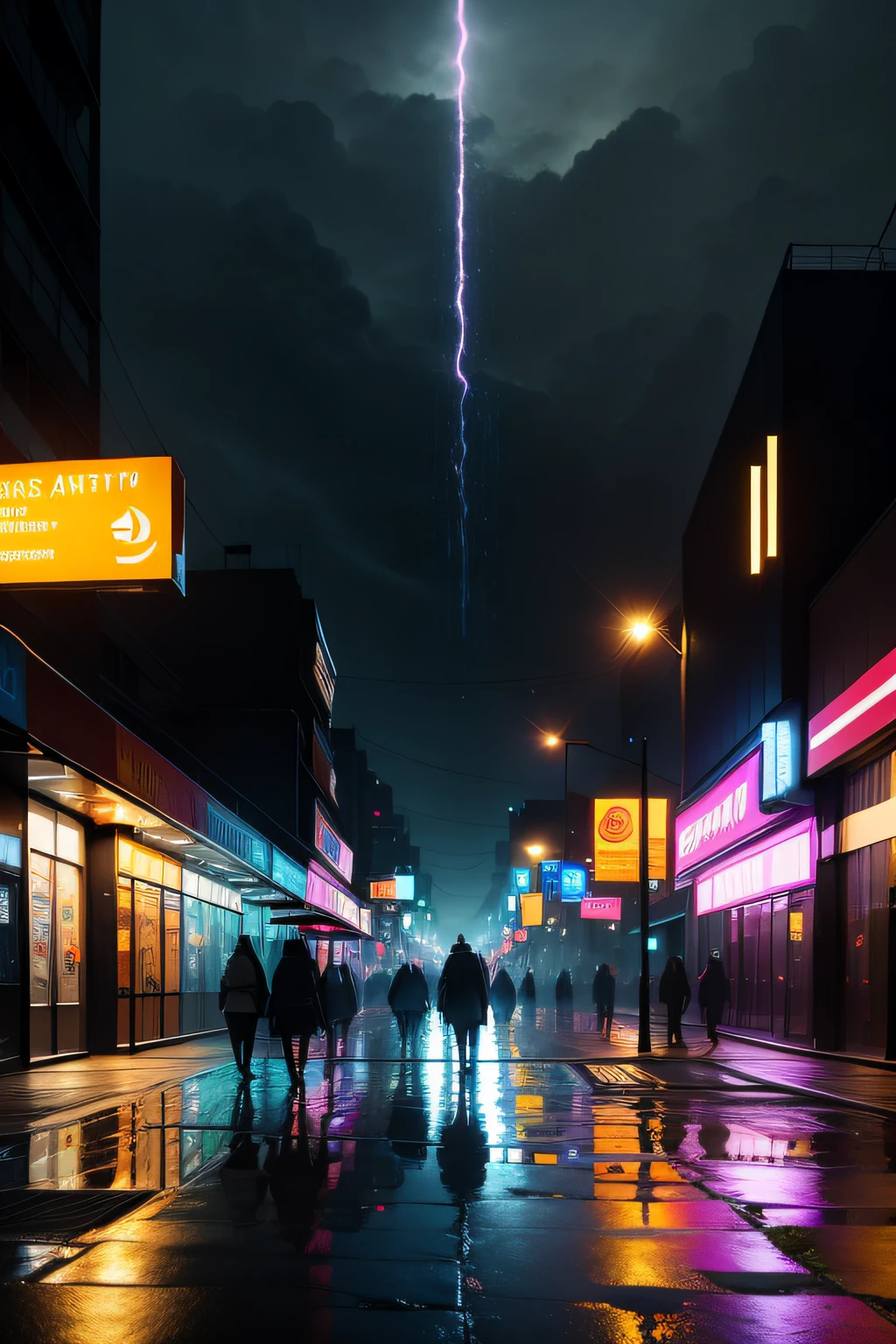 with intense rain,pavements,Spacious open space,Distant cities,neonlight