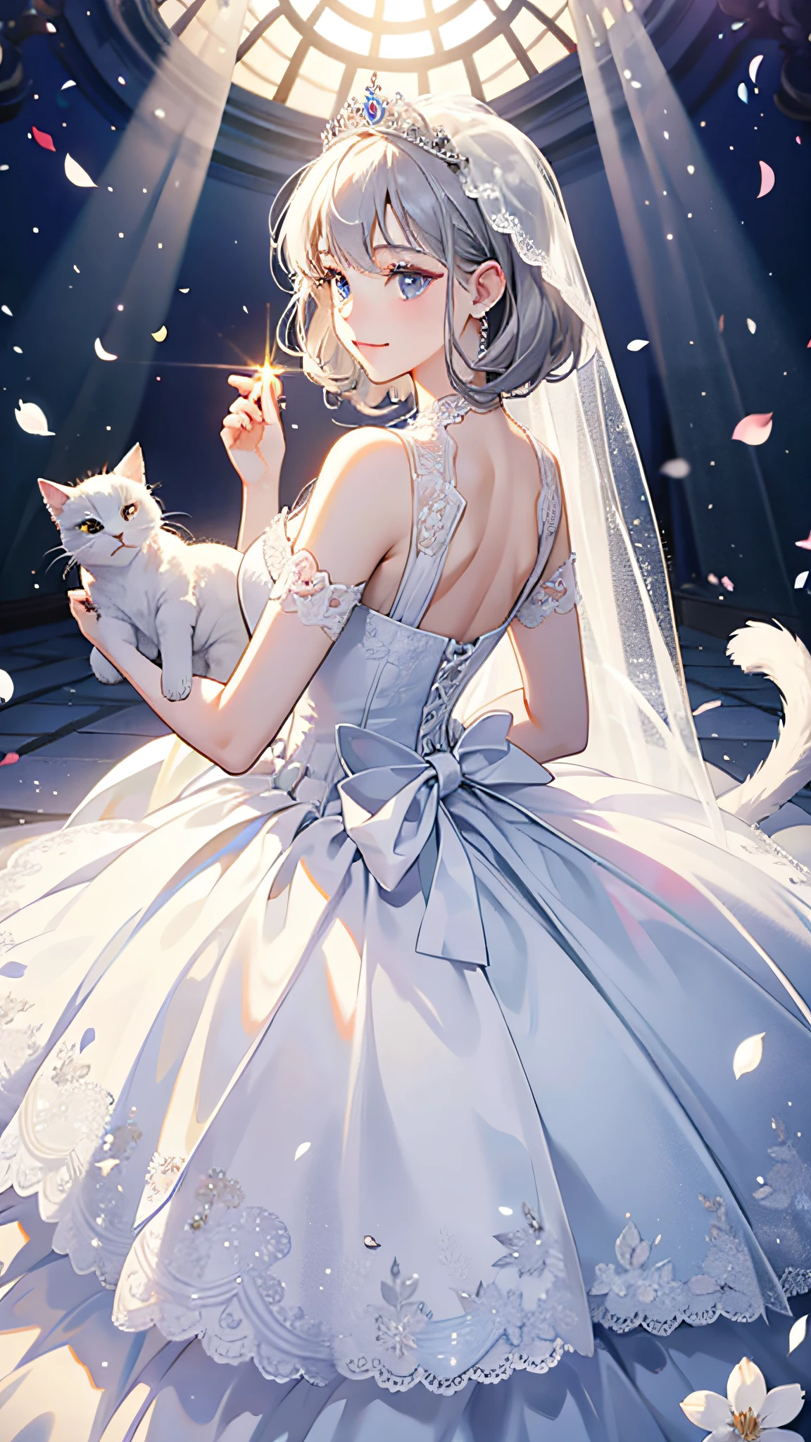((best quality)), ((masterpiece)) WEDDING PRINCESS DRESS, light ray, lens flare, white petals, long coated cat, exotic