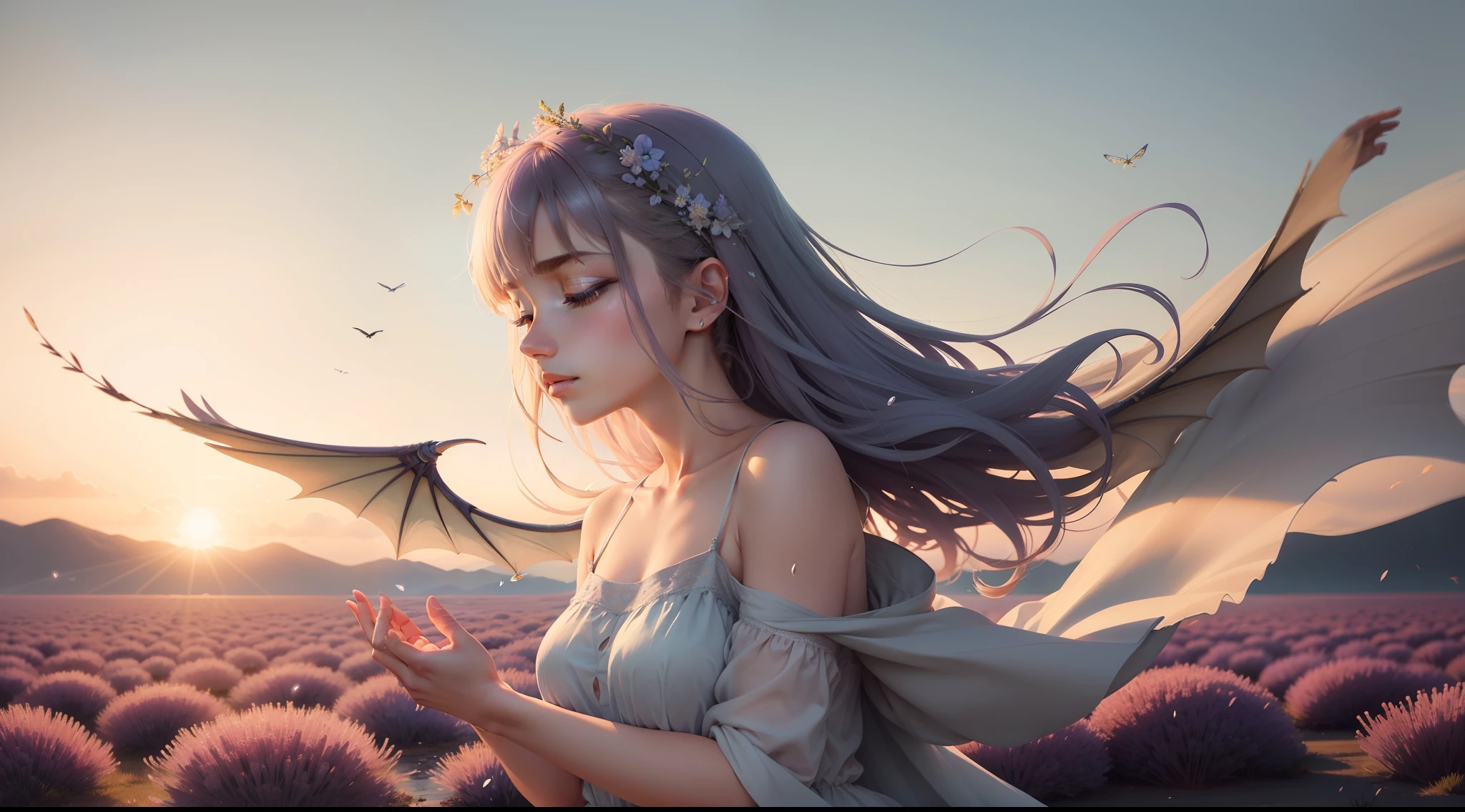 A soft, watercolor backdrop in muted shades of lavender, sky blue, and pale gold represents the early morning sky. Positioned centrally is a delicate silhouette of a lark, its wings outstretched in mid-flight. Below, gentle strokes depict a meadow, with hints of dewdrops glistening on grass and the faintest impressions of dragonflies hovering above. The overall effect is dreamy, ethereal, and deeply calming.