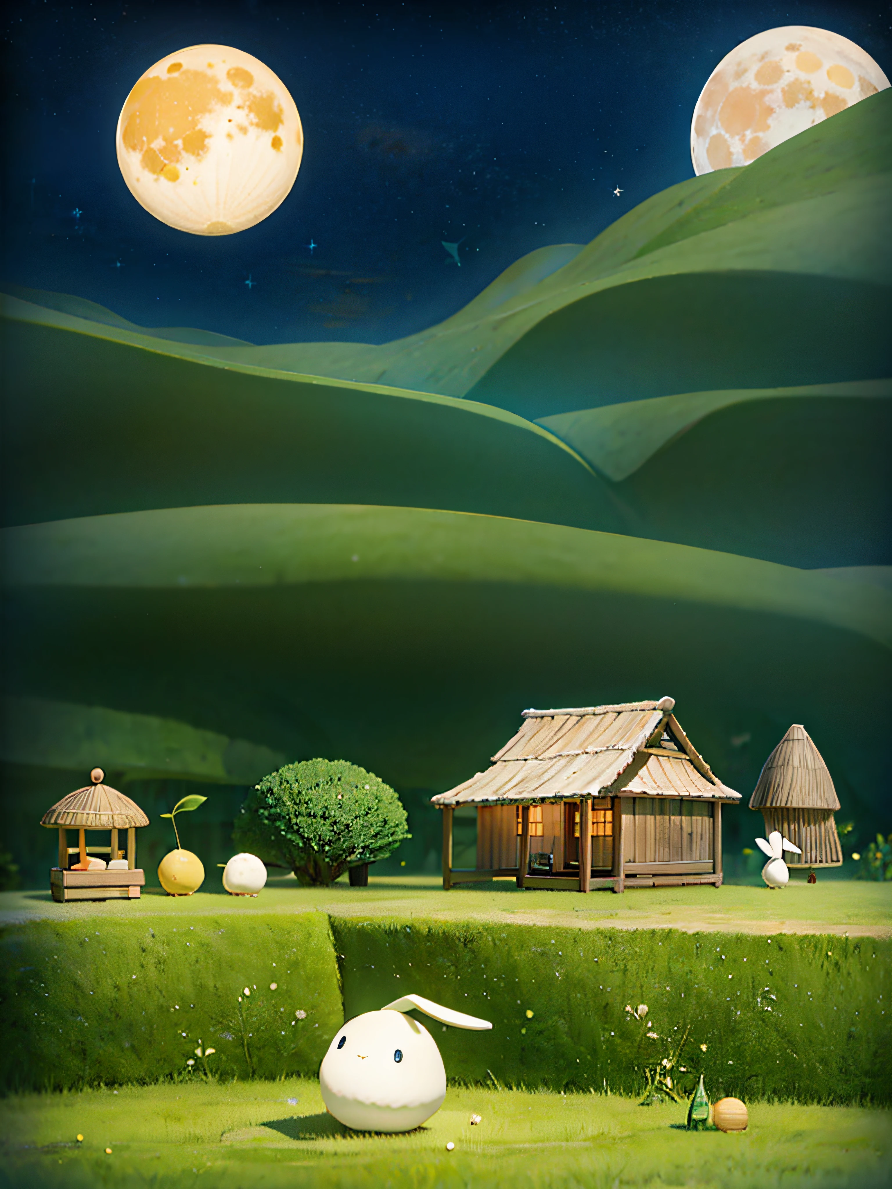 Vast starry sky,Huge round moon,Green meadow,Three rustic cottages,Cute rabbit,Chinese-style dessert,Don't have characters