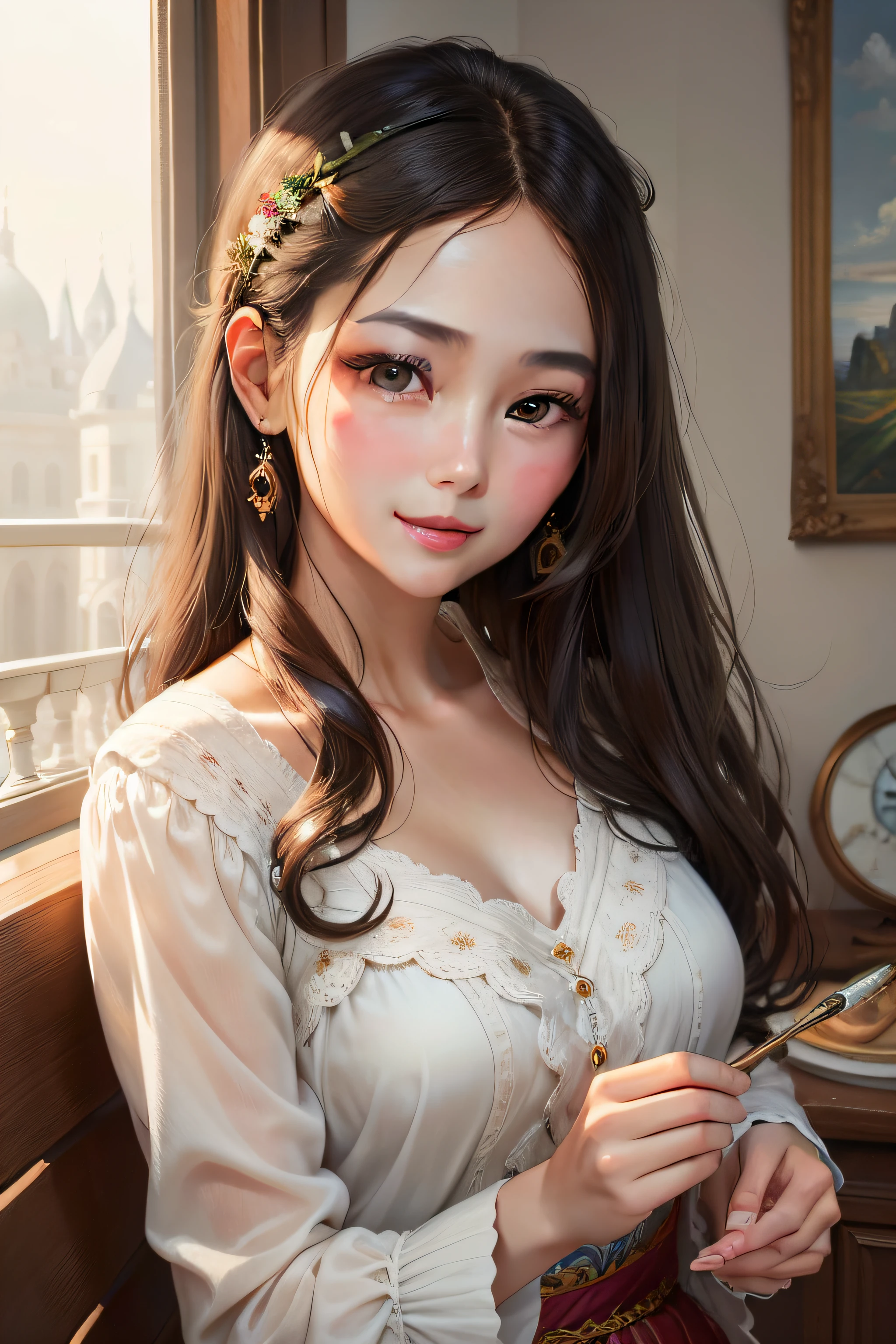 In this realistic realistic painting，A youthful beauty is presented before the viewer's eyes。Her face is delicate and fresh，As if capturing the eternity of youth。The eyes are bright and clear，It reveals curiosity and longing for the world。Her smile was as warm as the sun，A gentle breeze ruffled her long hair，Gently brush over her skin，Let her exude an unparalleled youthful atmosphere。

The beauty is dressed in a beautiful costume，Show her fashion taste。The details and colors of the clothes complement her temperament，It's not too flashy，And without losing elegance。The whole picture is filled with a youthful atmosphere，It was as if I could feel her vitality and liveliness。This painting does not only capture the faces of beautiful women，It also conveys the vitality and beauty of youth，It's captivating。