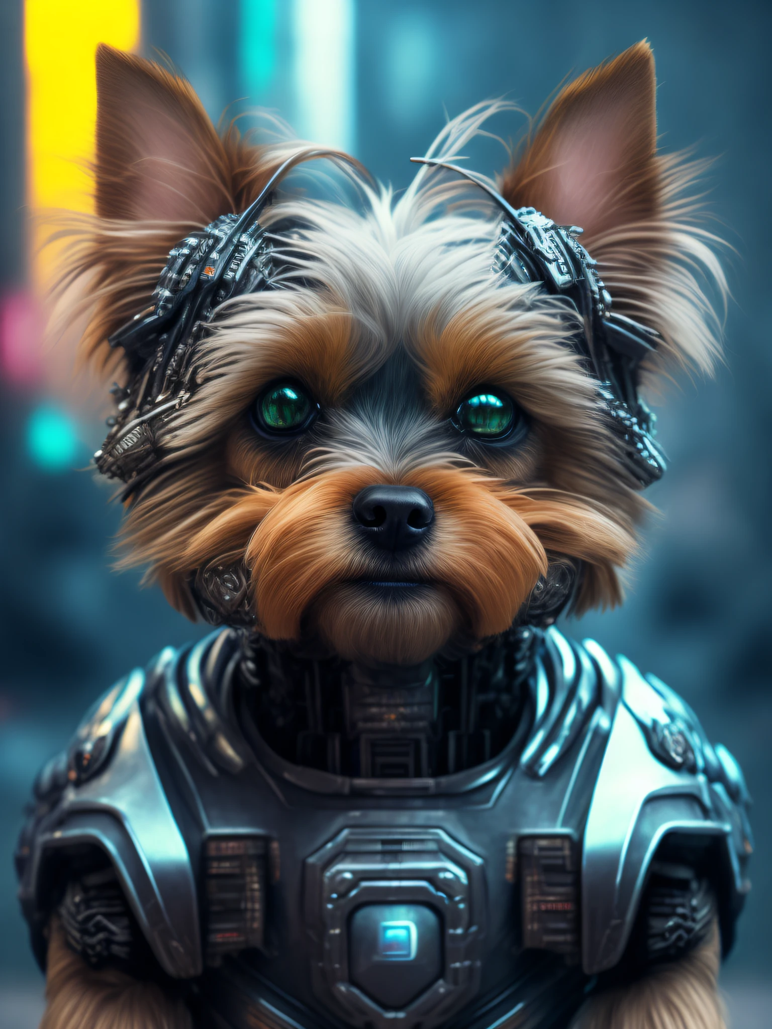 Yorkshire terrier (cyborg) dog as doomsday killer, realistic sci-fi cyberpunk power armor robot, closeup portrait