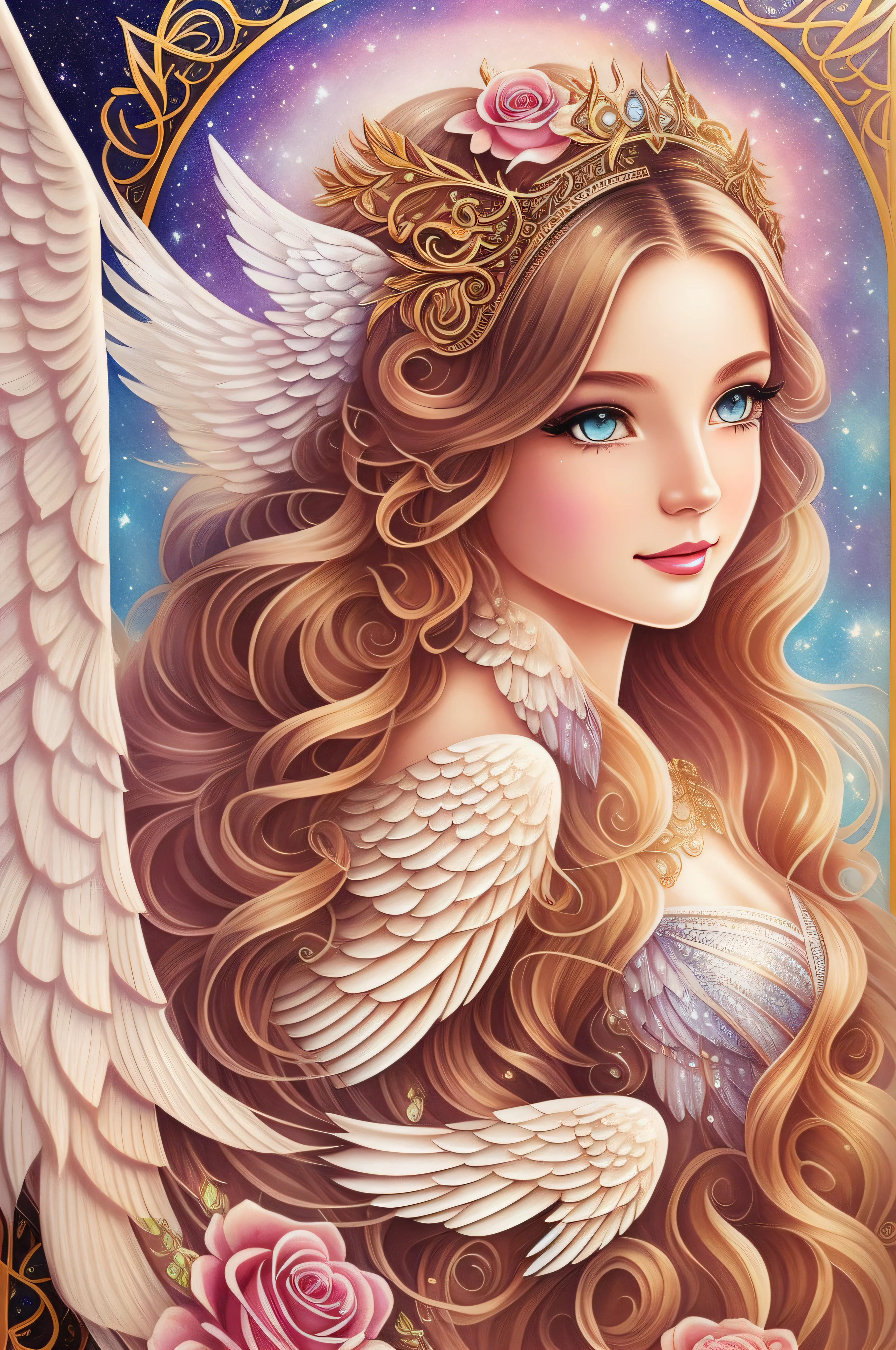 Watercolor beautiful magical, beautiful Mystic Goddess, flowing heart, vintage frame, with angel wings, smile, feathers, stars, roses, moon, facing side, fantasy illustration, perfect face, with beautiful face and with stars, beautiful light hair, perfect eyes, gold light, vivid vibrant colors, intricate detail, hyper detailed, hyper quality, 32K, unreal engine, isolated on white background, kawaii, clipart, fantasy art