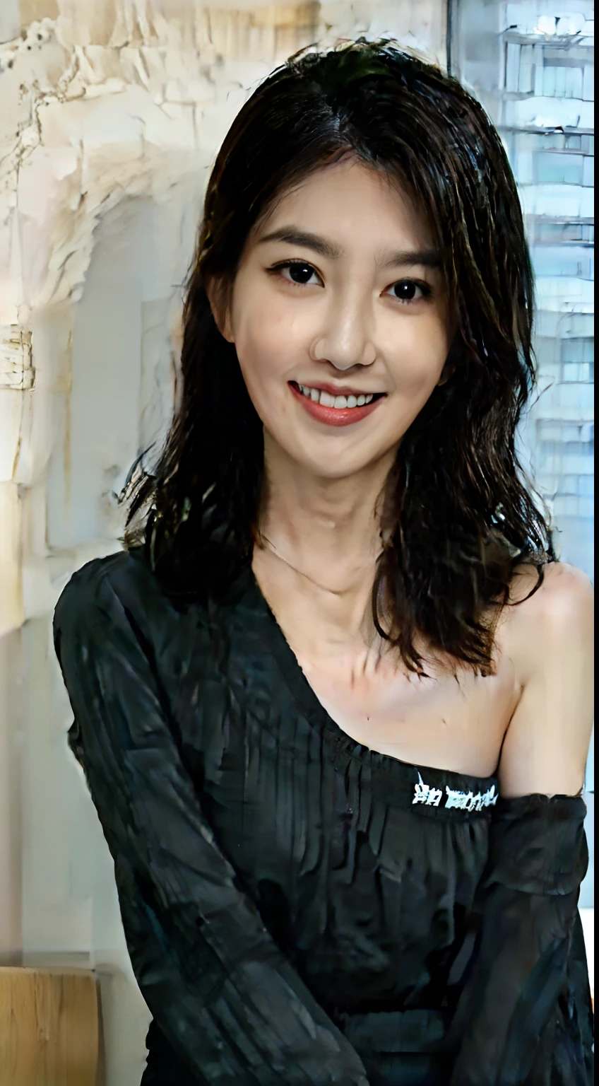 best qualtiy, tmasterpiece, 超高分辨率, realisticlying, 1girll, bshoulders, ssmile,Truck background,Front shoulder,Office girl