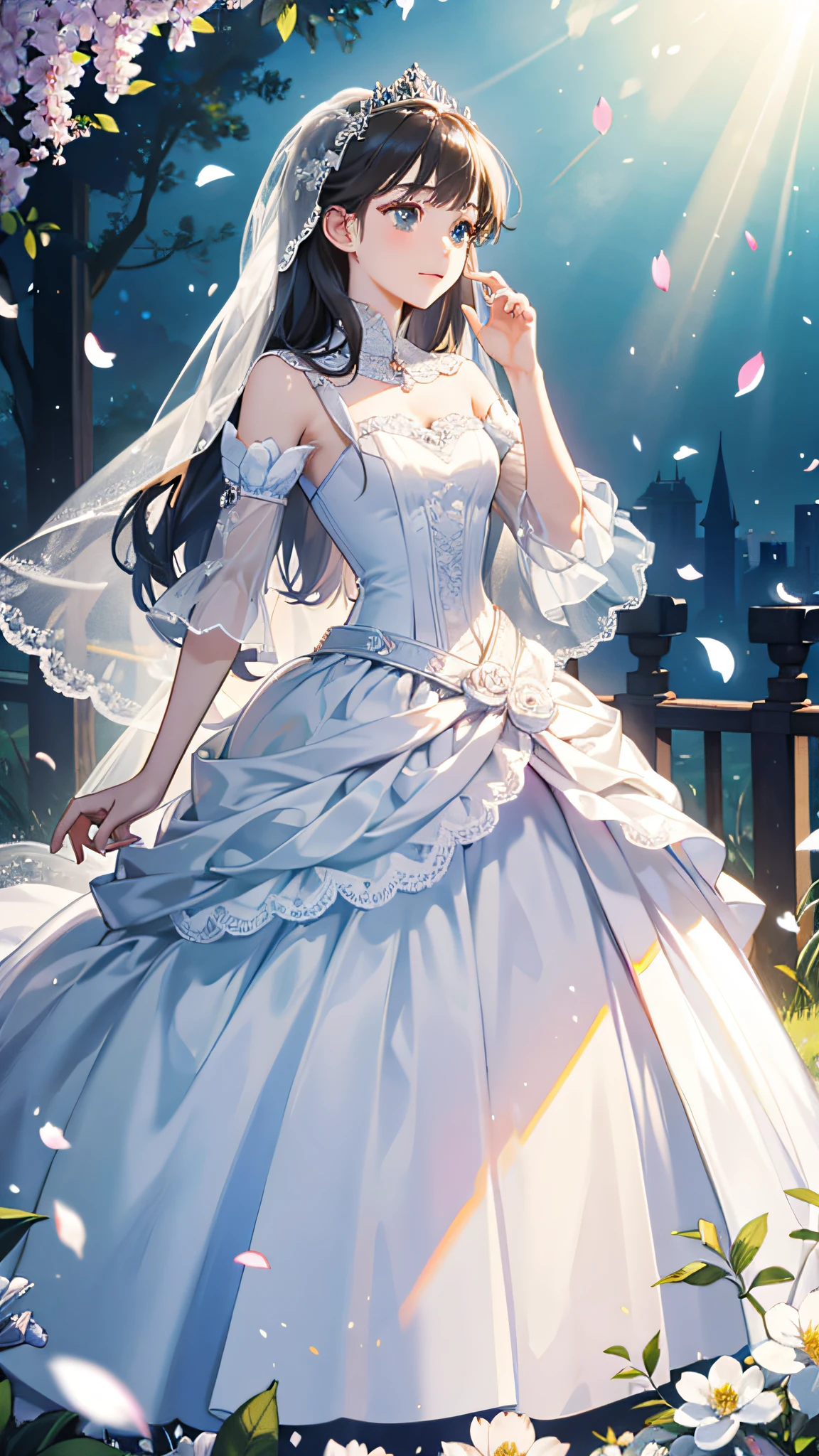 ((best quality)), ((masterpiece)) WEDDING PRINCESS DRESS, light ray, lens flare, white petals, long coated cat, exotic