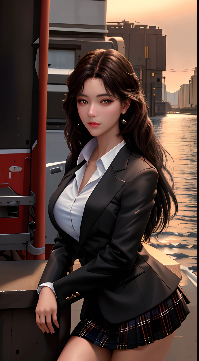 best quality, masterpiece, 1girl, Beautiful face, (photo realistic:1.3), rim lighting, (high detailed skin:1.2), 8k uhd, dslr, high quality, high resolution, 4k, 8k, Bokeh, absurdres, best ratio four finger and one thumb, (realistic:1.3), cute 1girl, wearing black formal blazer, medium breasts, short skirt,
