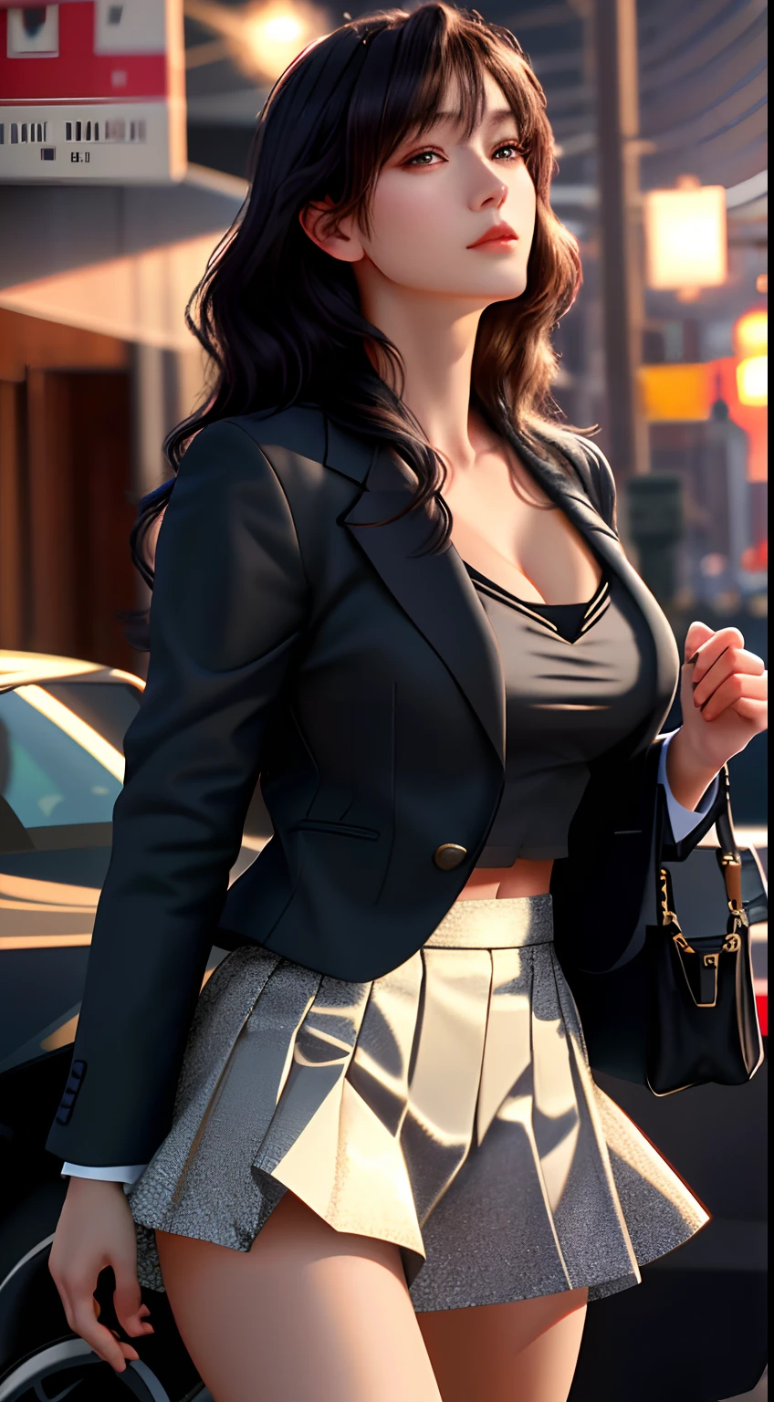 best quality, masterpiece, 1girl, Beautiful face, (photo realistic:1.3), rim lighting, (high detailed skin:1.2), 8k uhd, dslr, high quality, high resolution, 4k, 8k, Bokeh, absurdres, best ratio four finger and one thumb, (realistic:1.3), cute 1girl, wearing black formal blazer, medium breasts, short skirt,