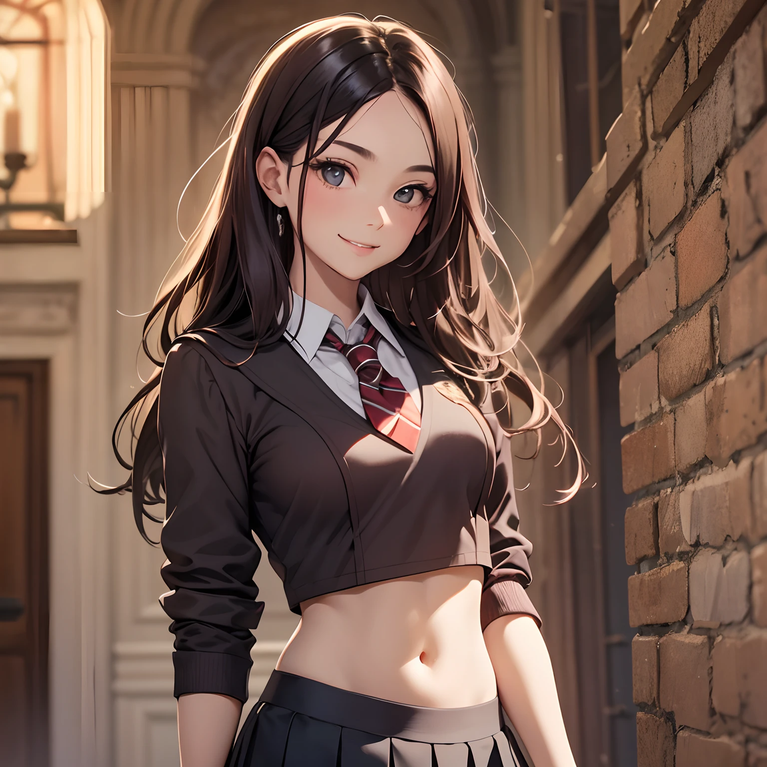 inside Hogwarts, adult, hogwarts school uniform, crop top, sexy, 18 years old, medium chest, cowboy shot, (long hair), smile, short skirt, school skirt