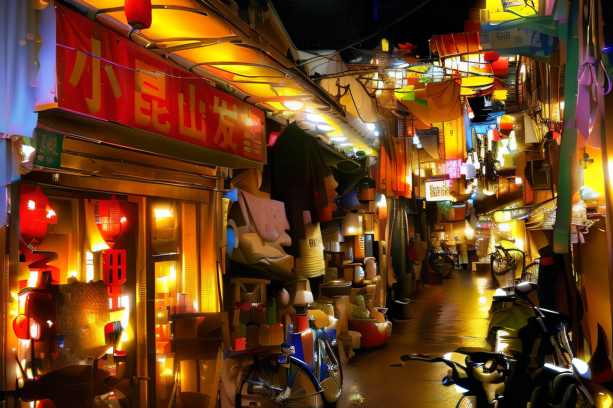 There are many bicycles parked in front of a shop on the street, in a narrow chinese alley, Lots of signboards and shops, wet market street, old shops, photograph of the city street, street vendors, Lots of shops, street market, the neat and dense buildings, Market, alleys, overlaid with chinese adverts, qiangshu, jia ruan