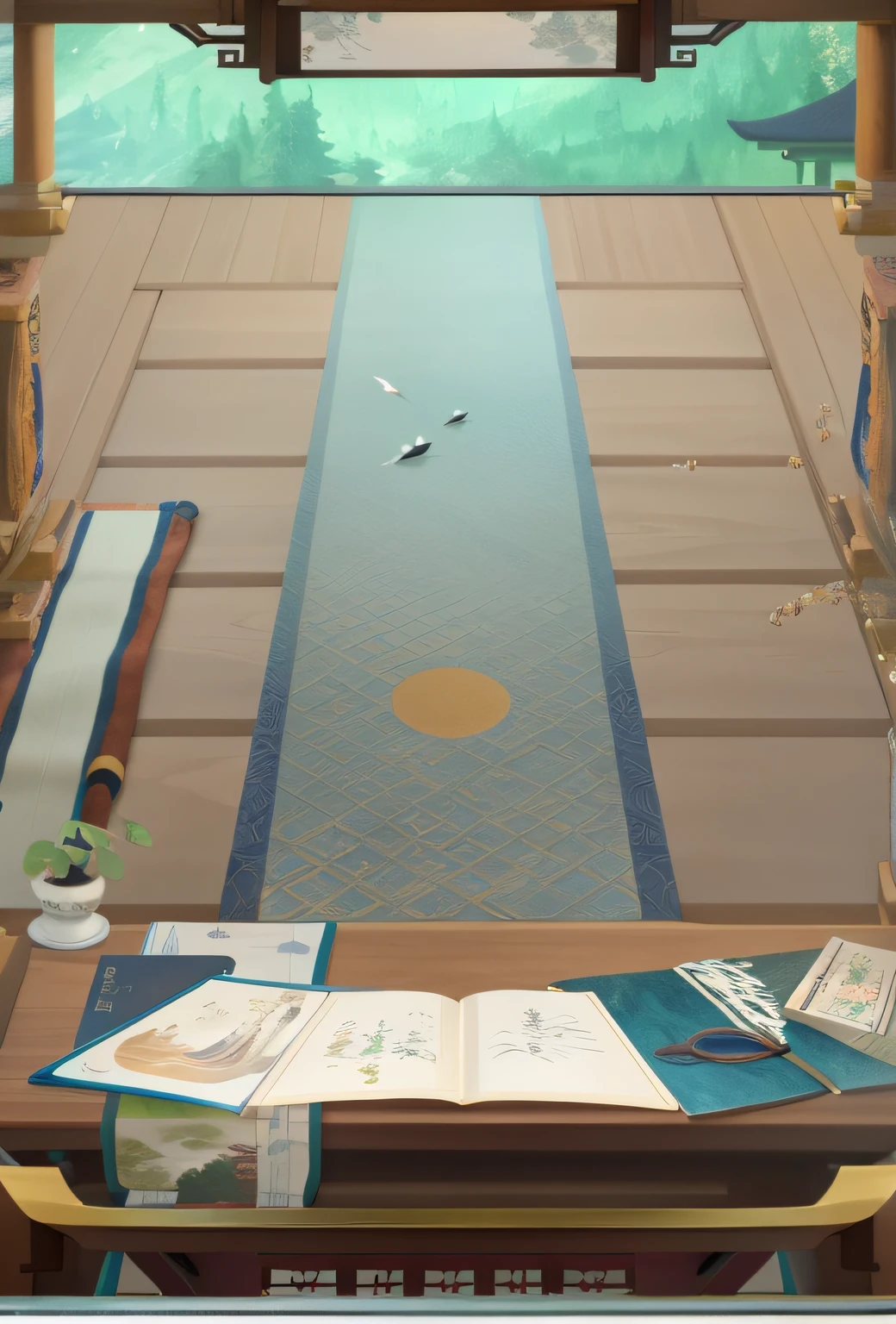 There is a table，There is a book and a pen on it, interior background art, interior scenes,inspired by Sōami, Relaxing concept art, Zen temple background, game screenshot, Onmyoji detailed art, arte de fundo, Detailed scenery —width 672, game footage, Japanese style painting, inspired by Tani Bunchō,immensely detailed scene,Works of masters,The color is bright,