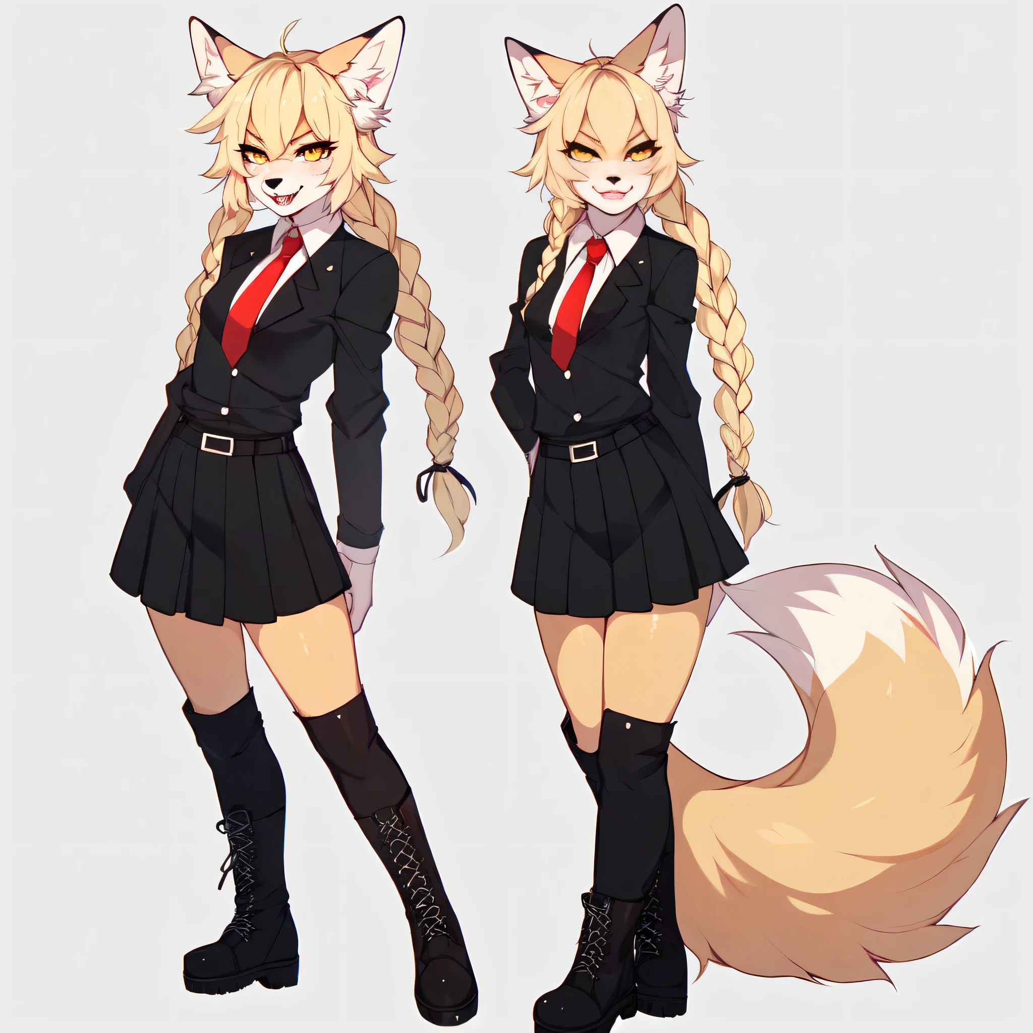 , score_9,score_8_up,score_7_up, An anthro furry fox girl, yellow furry fox girl, yellow eyes, yellow fox ears, blonde hair, long braided hair, snout, black nose, wearing black blazer, white button up shirt. Black skirt, black combat boots, hands behind her back, coy pose, on a school campus,
