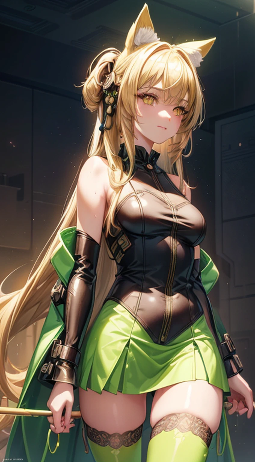 (Perfect Anatomy)、Mastepiece、Ultra High Quality、 8k、masterpiece、Highest quality、Ultra-high resolution、Maximum resolution、Very detailed、Professional Lighting、anime、woman、thin、Very beautiful face、Very beautiful eyes、(Highly detailed eye)、Highly detailed face、Blonde,ahoge, wavy hair, Green bristles、Pink eyes, gold hair, green dip-dye hair, stomach cutout, thigh boots, high heels, mini pencil skirt, off shoulder, makeup, eyeliner, eye shadow, pink cheek, pink lips, he water gushing from the magical spring glows with a mysterious shine and holds the power to distort even time