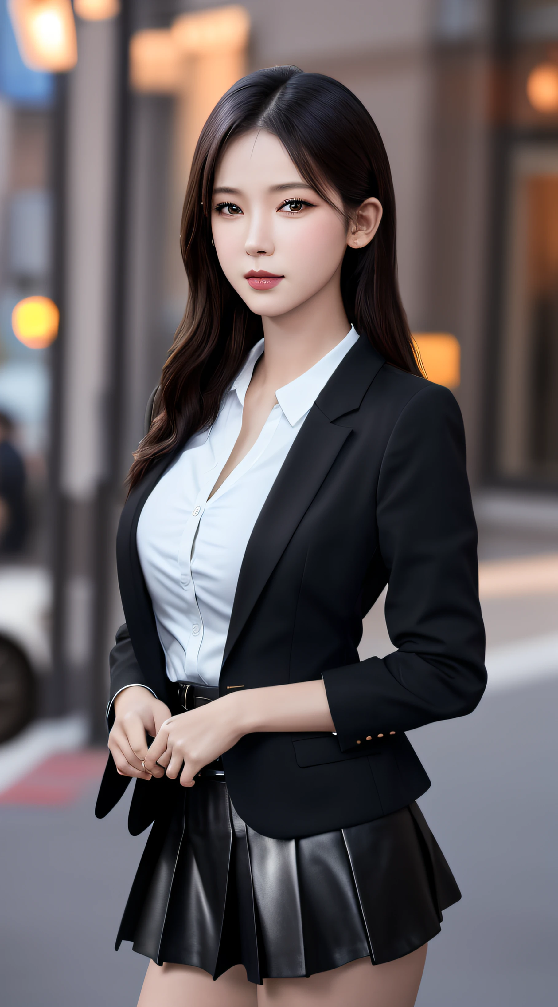 best quality, masterpiece, 1girl, Beautiful face, (photo realistic:1.3), rim lighting, (high detailed skin:1.2), 8k uhd, dslr, high quality, high resolution, 4k, 8k, Bokeh, absurdres, best ratio four finger and one thumb, (realistic:1.3), cute 1girl, wearing black formal blazer, medium breasts, short skirt,