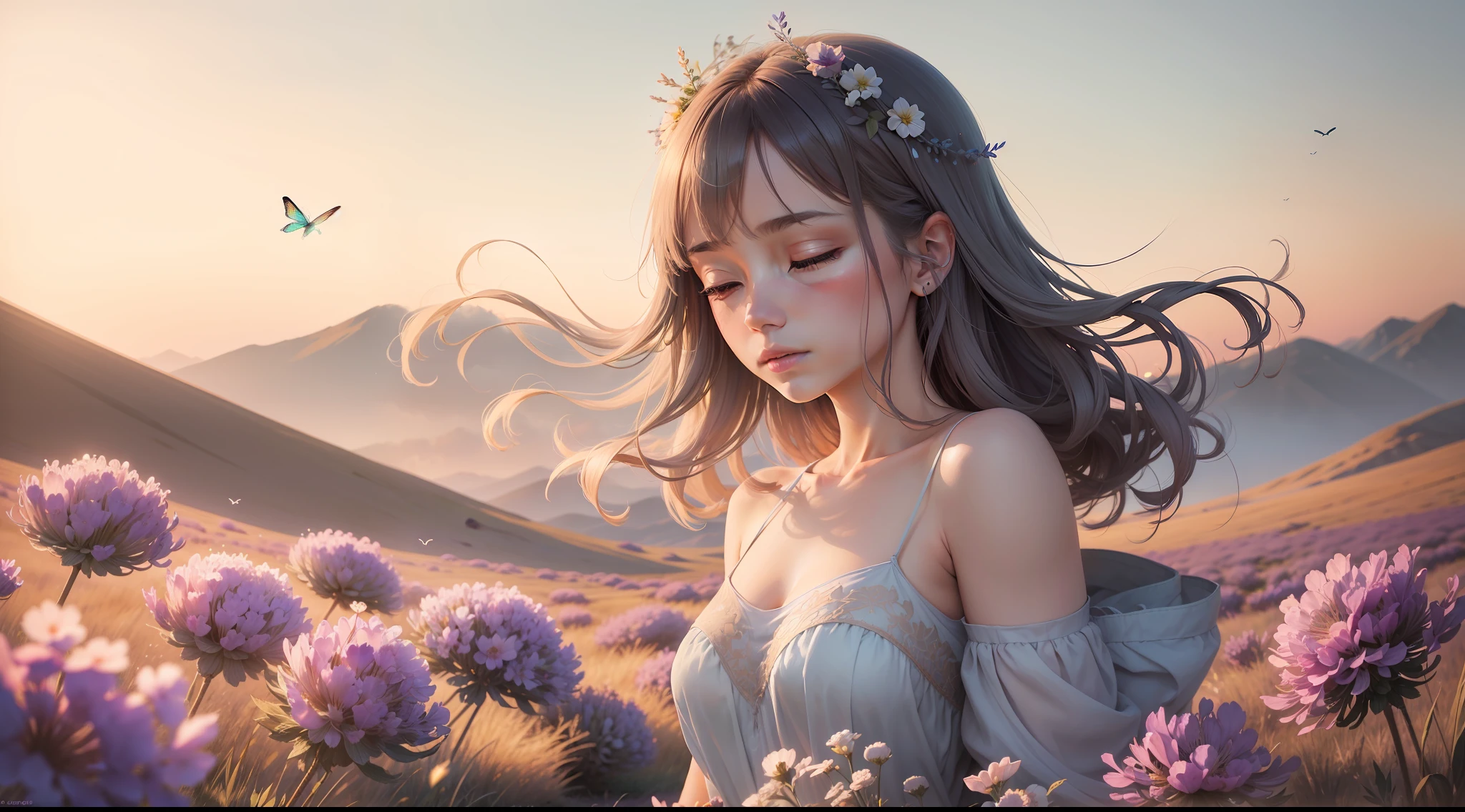 A soft, watercolor backdrop in muted shades of lavender, sky blue, and pale gold represents the early morning sky. Positioned centrally is a delicate silhouette of a lark, its wings outstretched in mid-flight. Below, gentle strokes depict a meadow, with hints of dewdrops glistening on grass and the faintest impressions of dragonflies hovering above. The overall effect is dreamy, ethereal, and deeply calming.