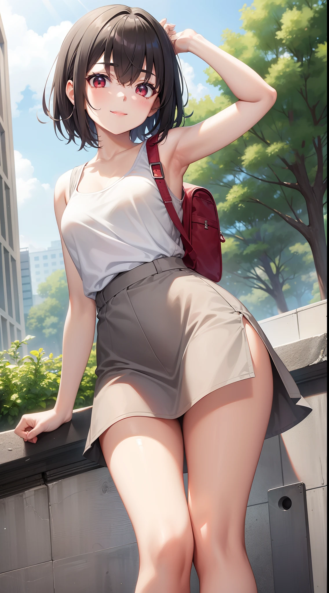 young girl, short gray hair, red-eyes, white tanktop, Upskirt, ssmile, backpack, stocklings, Masterpiece, hiquality