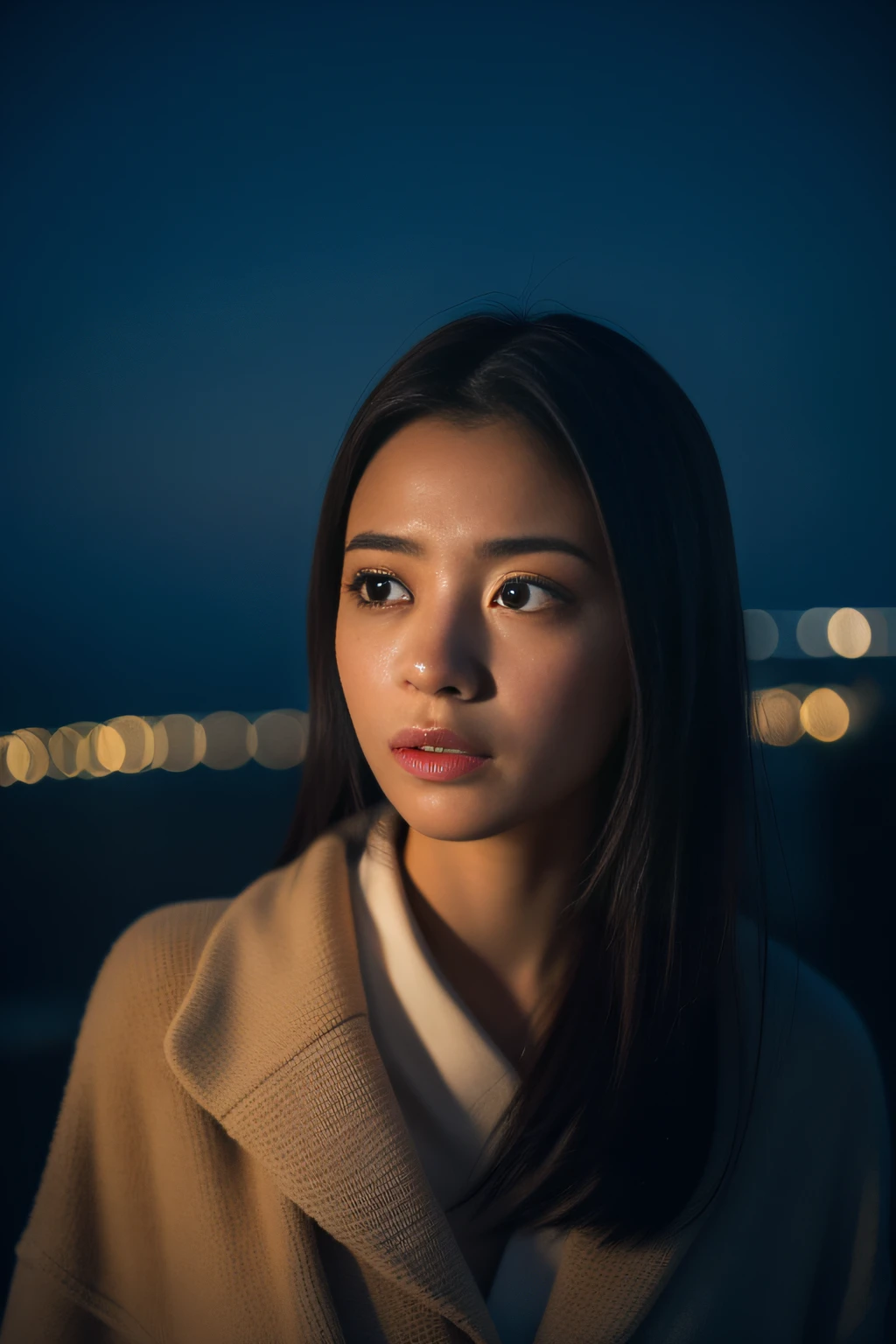 (masterpiece、top-quality、high-level image quality、ultra res,8K), (Raw foto:1.2), (Photorealsitic:1.4), (beautiful a girl,Sexy actress,japanes、cute little、Alone),Woman in anguish and despair,Beautiful and gentle photograph of a woman tired in body and mind、年轻、The emotional landscape reflects her spirit、Cool breeze blows、Night sky at the beginning of autumn、Night Stars々、Gaze at the sky、jpn、professional photograpy、