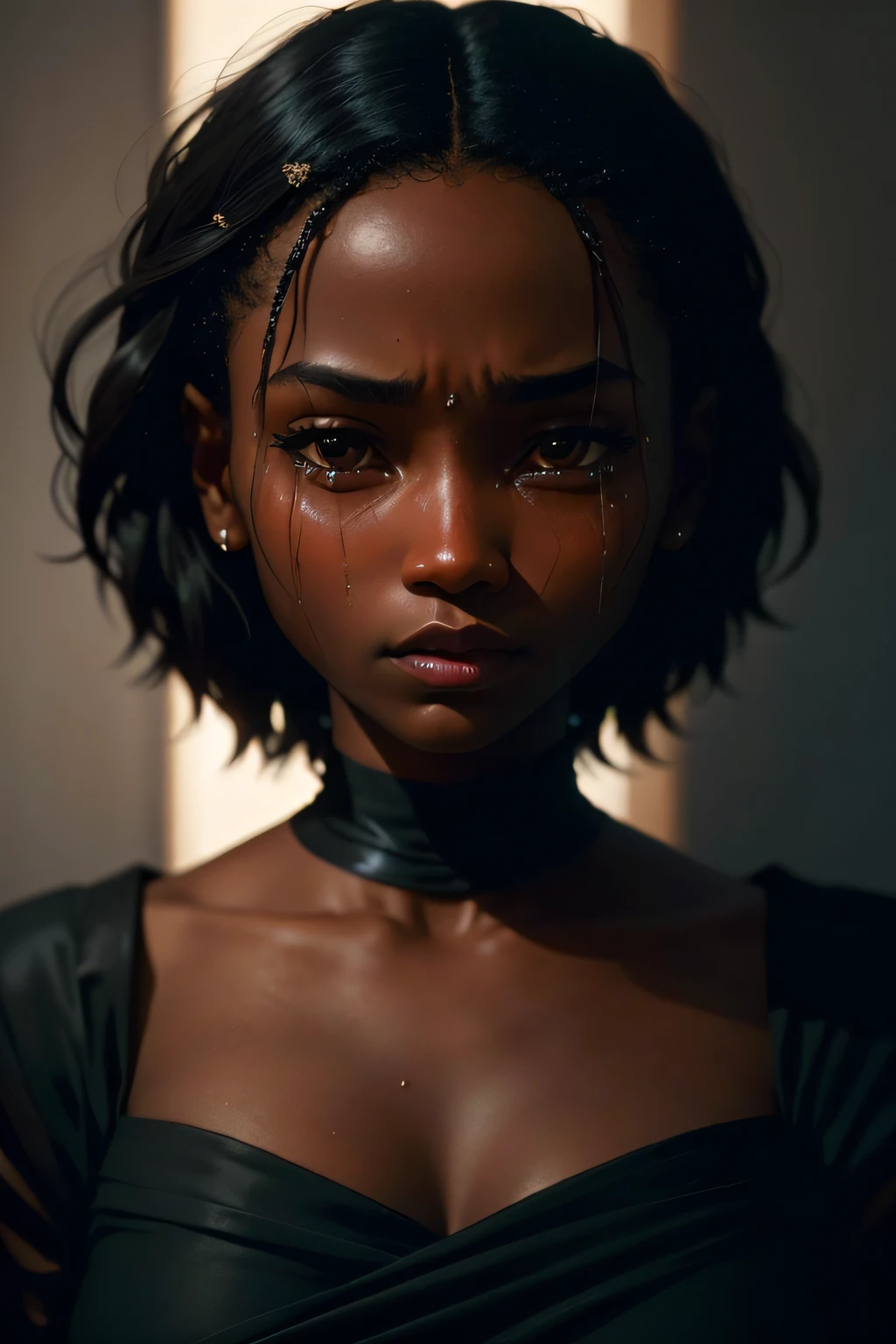 film grain, photographed with a Sony a9 II Mirrorless Camera, analog style, beautiful, masterpiece, best quality, aamari, a black woman with elegant dress, crying is looking at the camera, very dark skin, extremely detailed face, bust shot, perfect lighting --auto