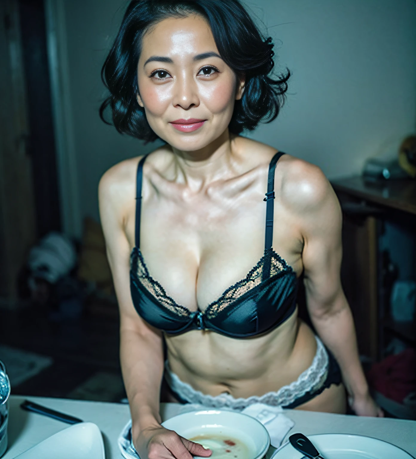 ((top-quality、8K分辨率、Master masterpiece、Portrait:1.3)), Photorealsitic, 35㎜ film, 1 Japan Woman, Beautie, 47 years old, Shorthair, Wrinkles at the corners of the eyes, Plump body, ((bra very、pantiy :1.5)) , (Metal furniture: 1.3), Jumbled background, darkened room, Blue lighting