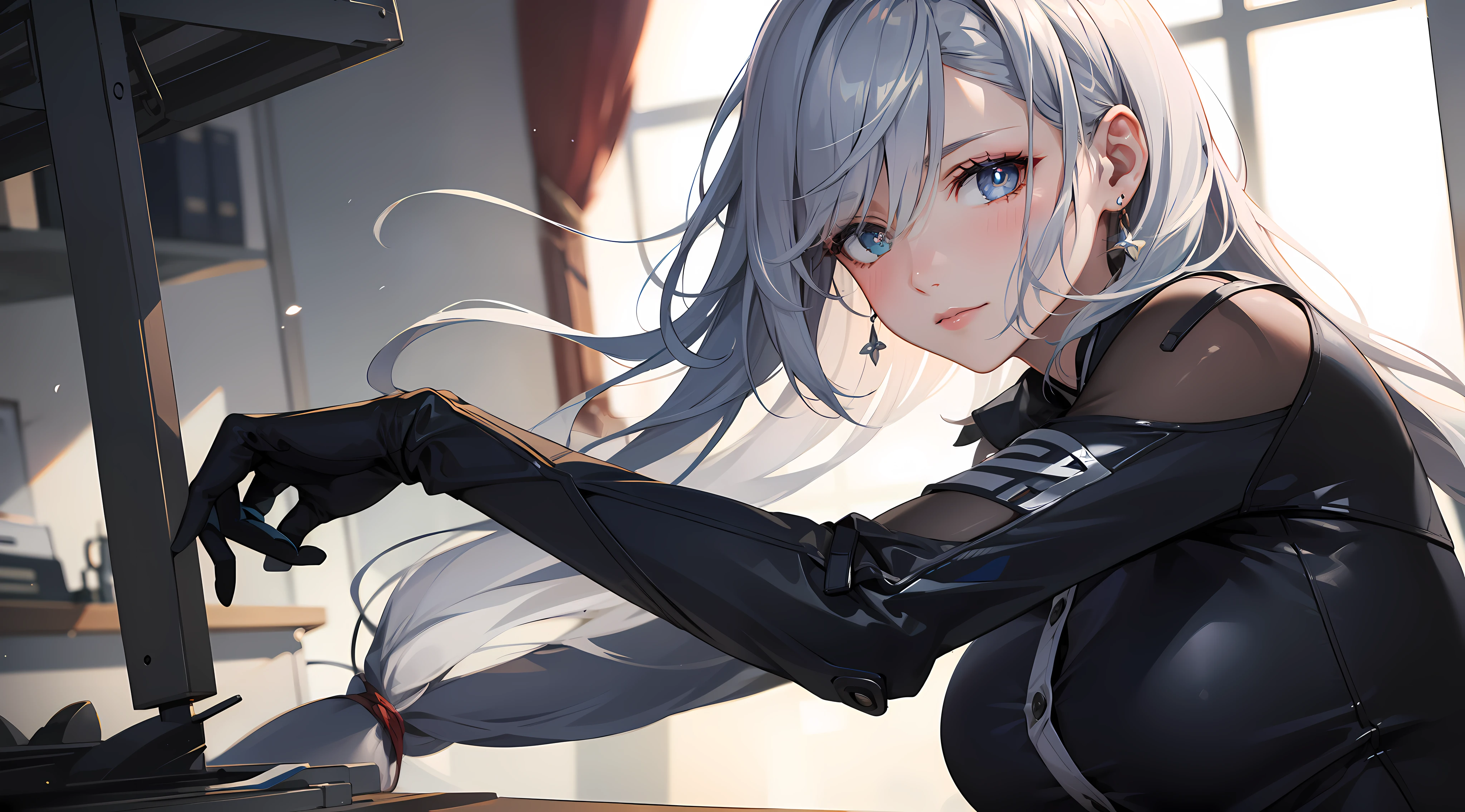 electrician girl, electrician suit, upper body, seductive look, blush, indoors, in office, looking at viewer, cloudy, moody lighting, (perfect detail eyes:1.2), glowing eyes, (long hair:1.2), elemental skill effect, (Masterpiece, Best Quality, High Quality:1.4), professional artwork, Intricate Details, field of view, sharp focus, detailed painting, photorealistic lighting, trending on pixiv, (vivid lighting, vibrant colors:1.05), realistic shadows, ambient occlusion, (athletic body:1.3), mature woman, 30yo, shenhe, hyperdetail eyes, beautiful eyes, (((solo:1.4))), semi-realistic hair
