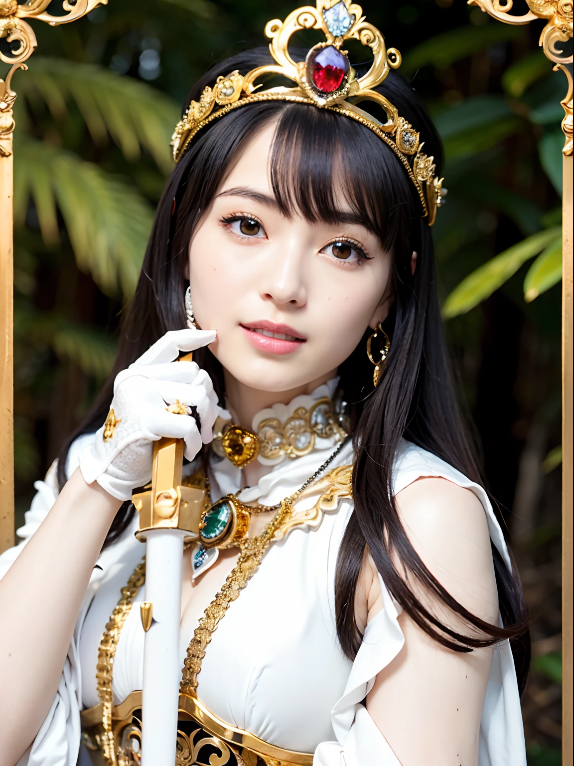 (masutepiece), Professional , ​masterpiece、top-quality、photos realistic , depth of fields （Gemstone Silver Metal Body:1.９),(Matte White、Jewel Gold Weapon（Jewel Metal Body:1.４),Gorgeous metal weapons , Detailed Sword of the Brave , Beautiful knife   ,warhammer 40k , adepta sororitas,(Army of monsters background),Detail and ornate jewel crown、Black hair、Gangle's forest background、Beautiful Caucasian beauty、１a person、dynamic ungle,(((Detailed and ornate diamond crown)))、Smaller head、A smile、Take a sexy pose、Background inside the castle、Thin and beautiful female hands、Old ancient ruins、A smile、