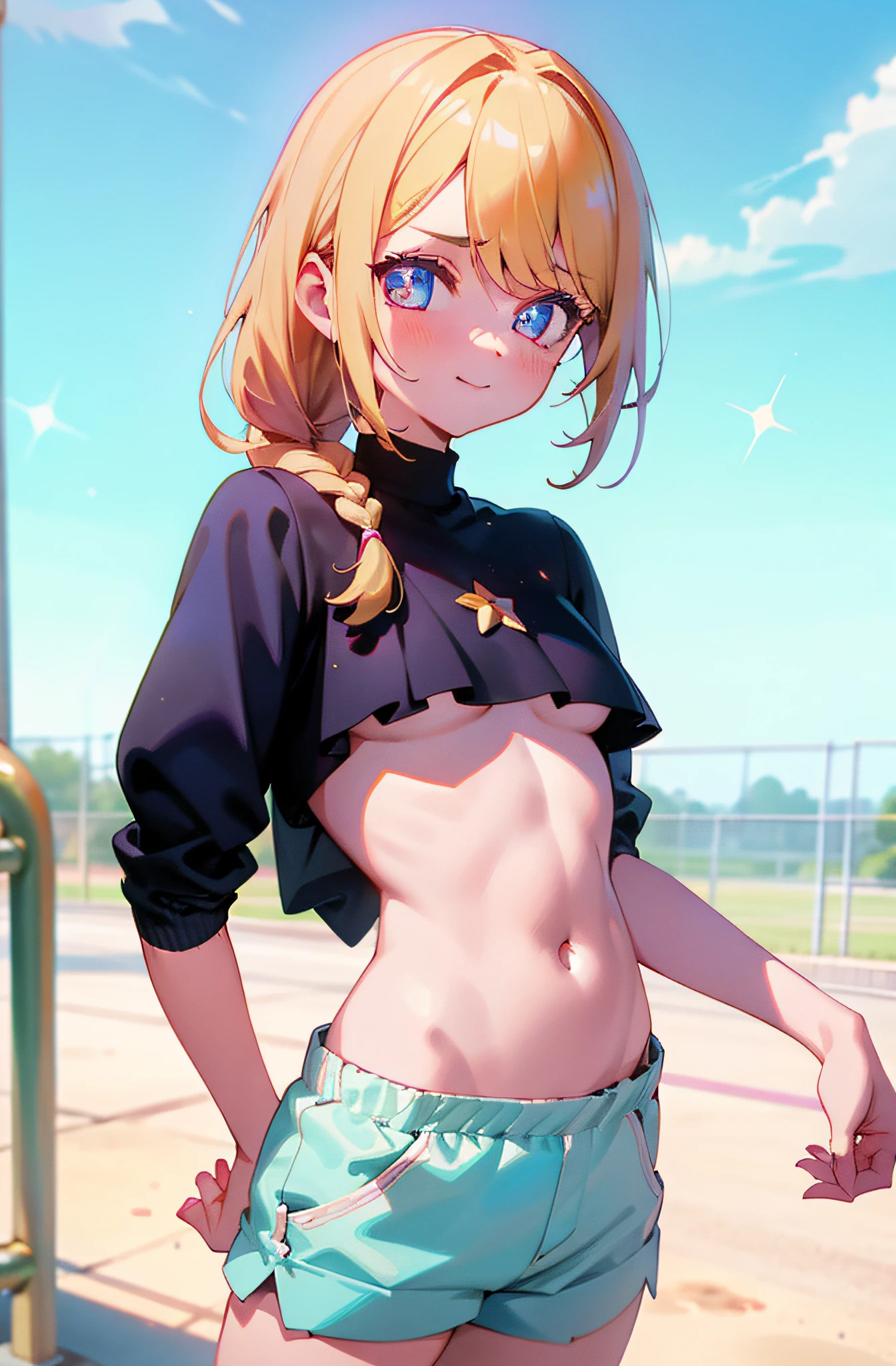 A young li girl,Need,tmasterpiece,coiffed blonde hair,Turquoise eyes,Look sideways at the camera,Manteau blanc,Gaze at the stars,The upper part of the body,Hairline,Fair skin,Long, twisted braids hang diagonally in front of the shoulders,Wear a summer sweatshirt,Lace shorts for lower body,Stand on the playground track,Hands hidden behind your back,A clear belly line is revealed around the waist,There are six-pack abs,Slim figure,ssmile,smallunderboob,A shy look
