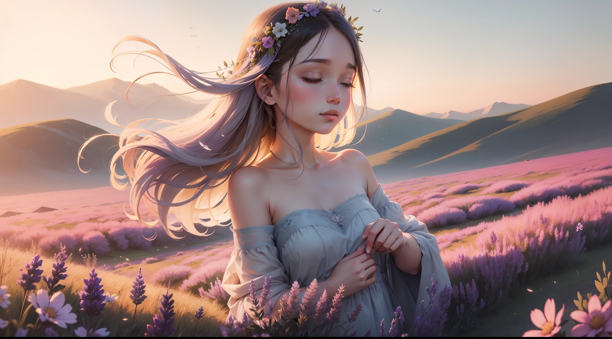A soft, watercolor backdrop in muted shades of lavender, sky blue, and pale gold represents the early morning sky. Positioned centrally is a delicate silhouette of a lark, its wings outstretched in mid-flight. Below, gentle strokes depict a meadow, with hints of dewdrops glistening on grass and the faintest impressions of dragonflies hovering above. The overall effect is dreamy, ethereal, and deeply calming.