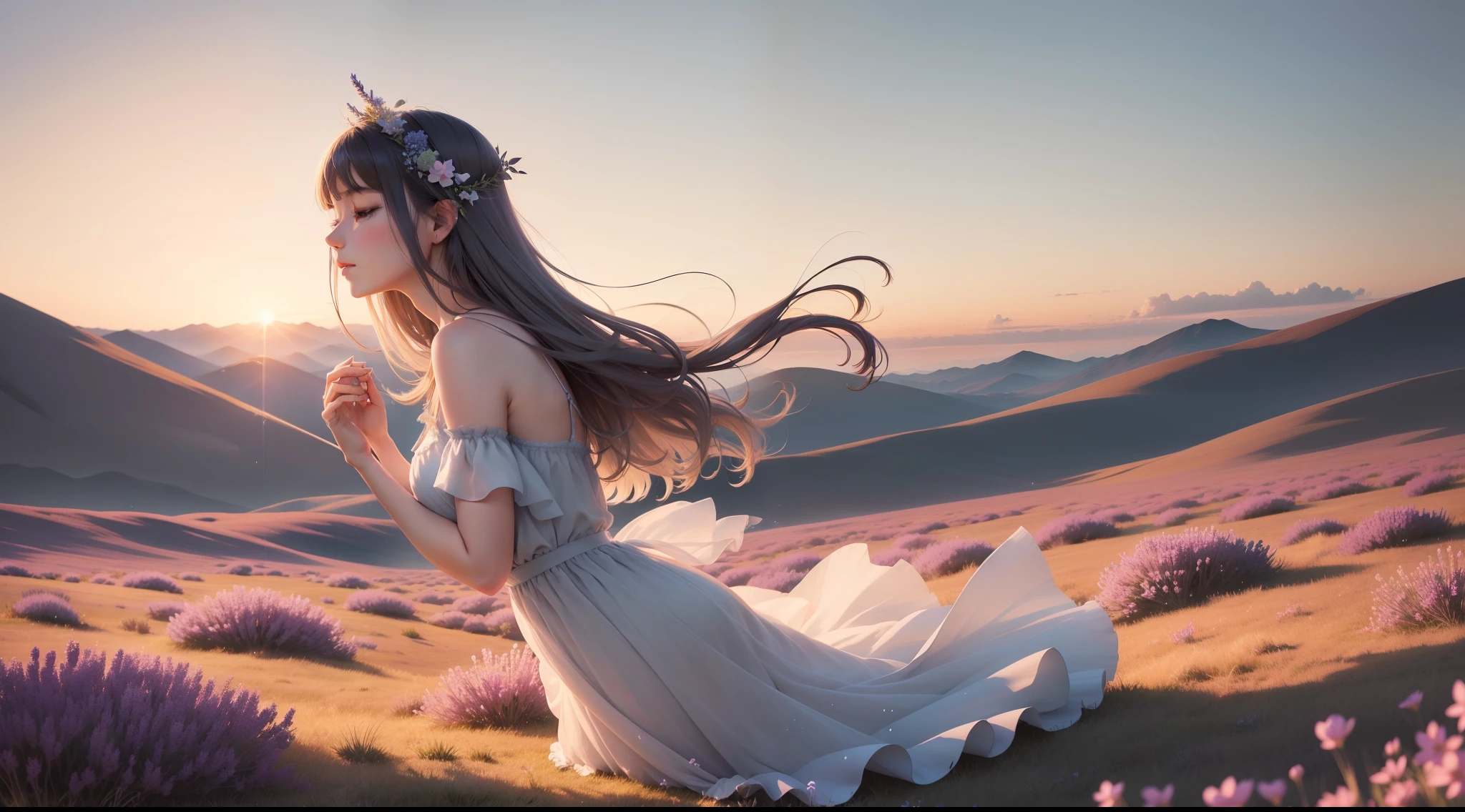 A soft, watercolor backdrop in muted shades of lavender, sky blue, and pale gold represents the early morning sky. Positioned centrally is a delicate silhouette of a lark, its wings outstretched in mid-flight. Below, gentle strokes depict a meadow, with hints of dewdrops glistening on grass and the faintest impressions of dragonflies hovering above. The overall effect is dreamy, ethereal, and deeply calming.