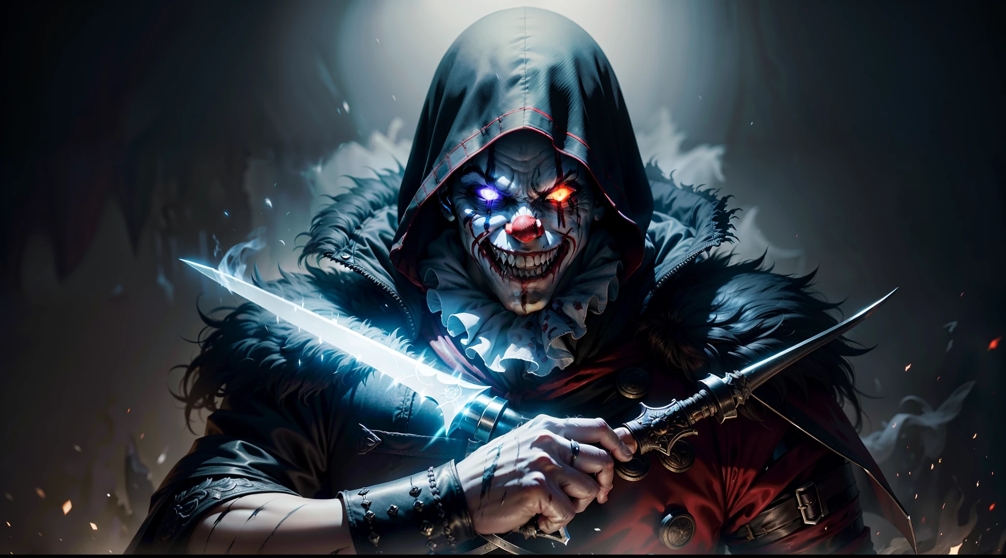 The Age of Cold Weapons,Clown with a twisted smile,The demons,The night is hazy,fog atmosphere,cloaked,Hold an enchanted short dagger,Backstab,Wipe your neck,shadowy,assassinate,blood,character splash art,photorealiscic face,8K,Ultra photo realsisim,hyper HD