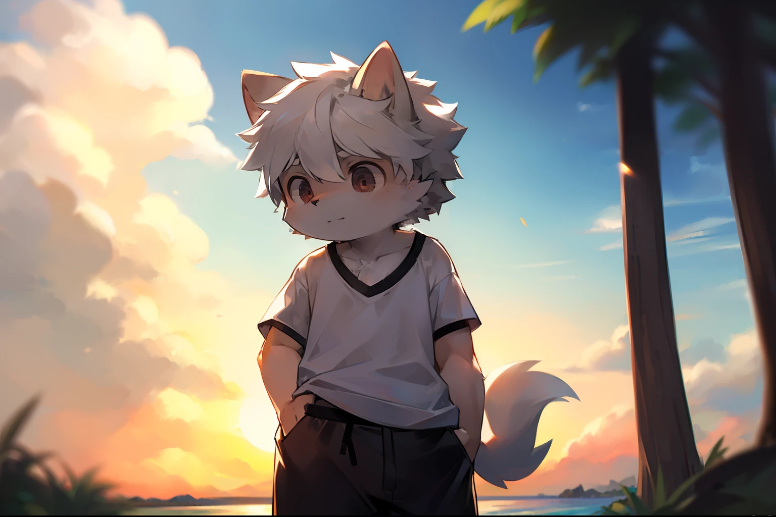 author：Jrjresq, author：Kirito,Libido boy，furry wolf，((Shota)), Black and white hair, Very good figure, Handsome，adolable, Light：Hazy light and shadow, Reflective skin,Reddish skin，((worn-out clothing，Commoner)) ，((beachside，standing on the rock，sandbeach，solo person，独奏))，Outdoor sunset，((the detail))，（depth of fields），((Libido boy，Shota))