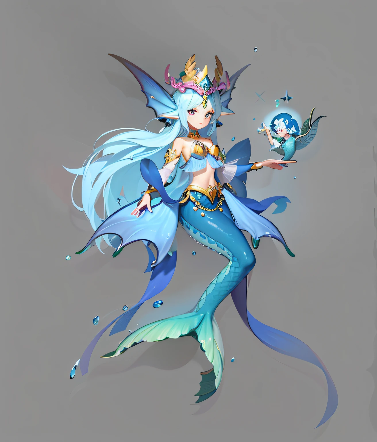 mermaids, tail fin, With a crown, Atlanteans, Finned ears, Shell shape bra, Metal trim at the waist, Wide and thin tail, pearls necklace, water fairy, Queen of the Sea, colorful drawing, water elemental, Goddess of the sea, Mysterious Atlantis