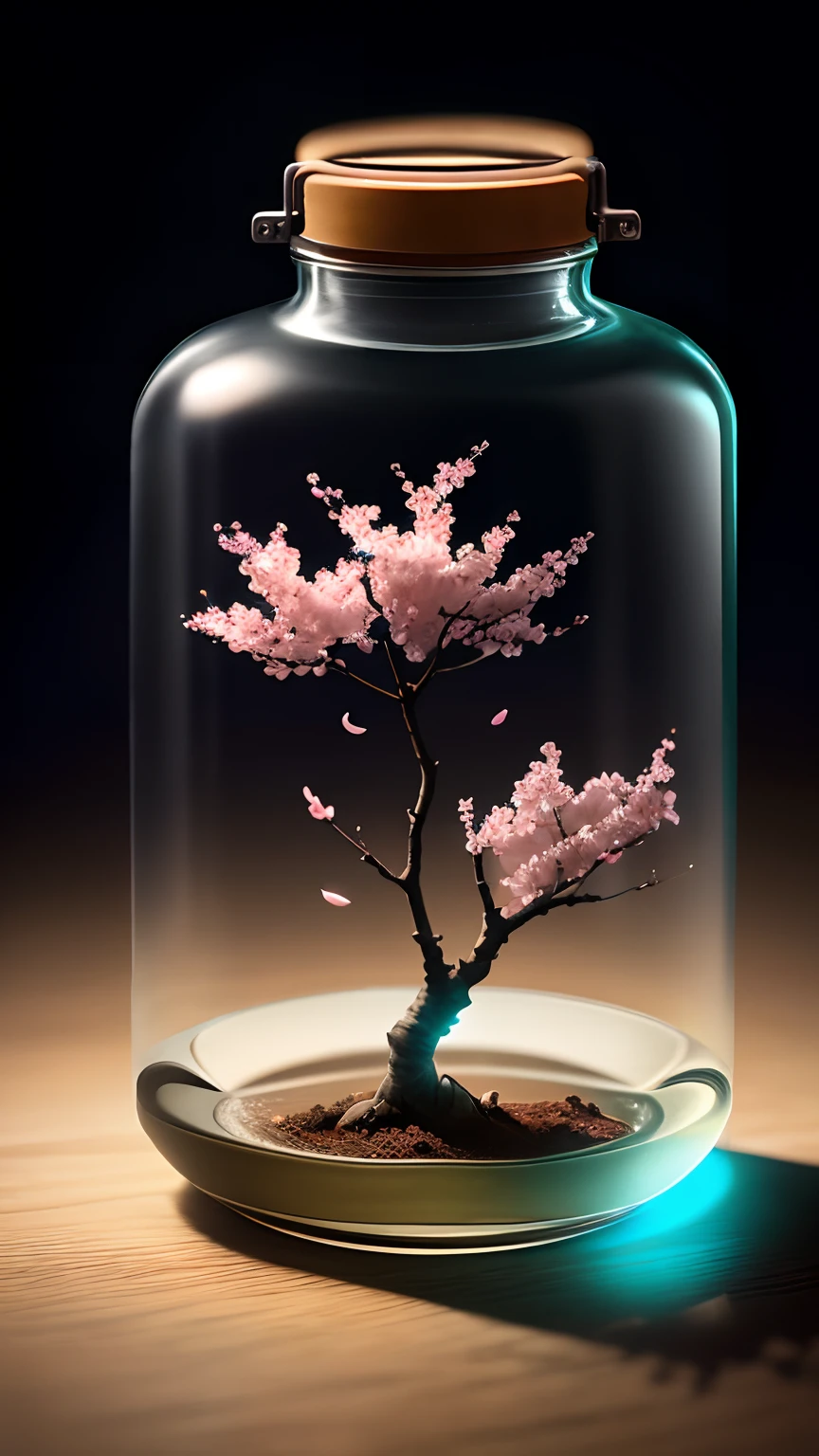 Cherry blossom tree in a bottle，Grows out of the bottle，nipple sticking out，fluffly，realisticlying，Atmospheric light refraction，Photo by Lee Jeffries，Nikon D850 Film Stock Photo 4 Kodak Portra 400 Camera F1.6 shots，rich colours，hyper realistic lifelike texture，dramatic  lighting，unreal engine trending on artstation cinestill 800，Style-Glass