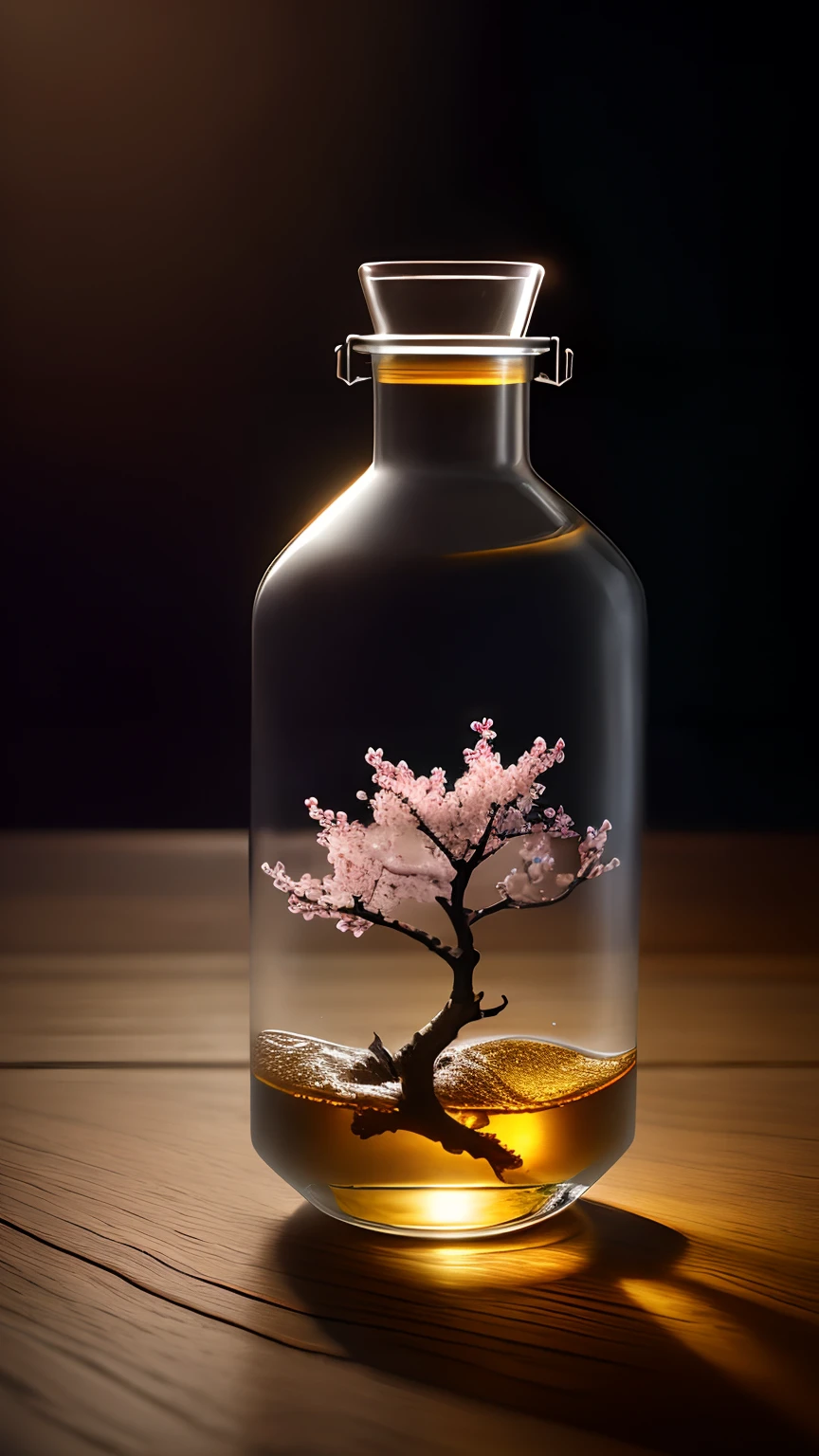 Cherry blossom tree in a bottle，Grows out of the bottle，nipple sticking out，fluffly，realisticlying，Atmospheric light refraction，Photo by Lee Jeffries，Nikon D850 Film Stock Photo 4 Kodak Portra 400 Camera F1.6 shots，rich colours，hyper realistic lifelike texture，dramatic  lighting，unreal engine trending on artstation cinestill 800，Style-Glass