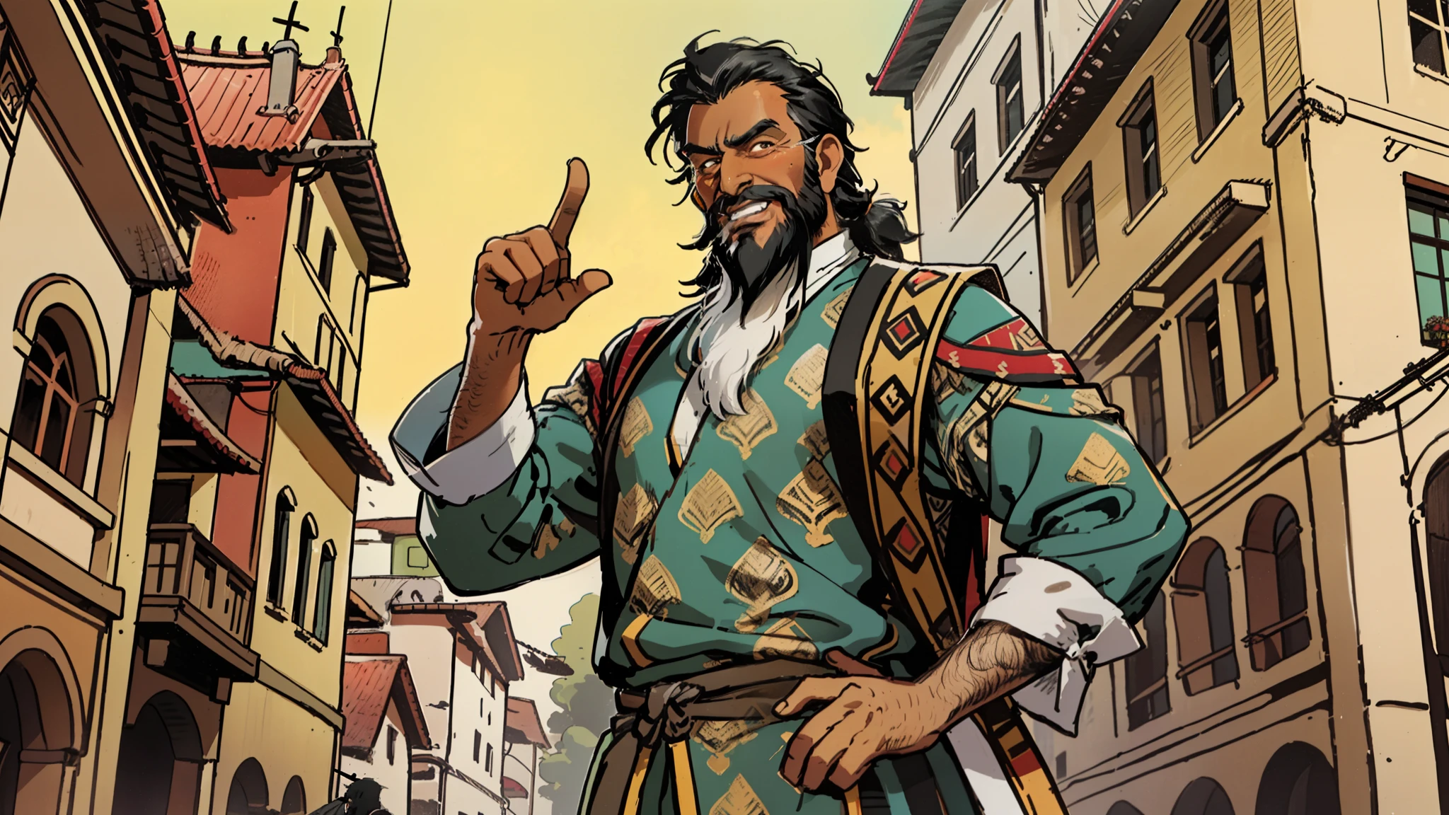 Three sided view, Indian 50 years old man with long black Beard and black hair standing beside a hourse with an very excited face while pointing with his hand, Indian buildings in the background, In ancient times