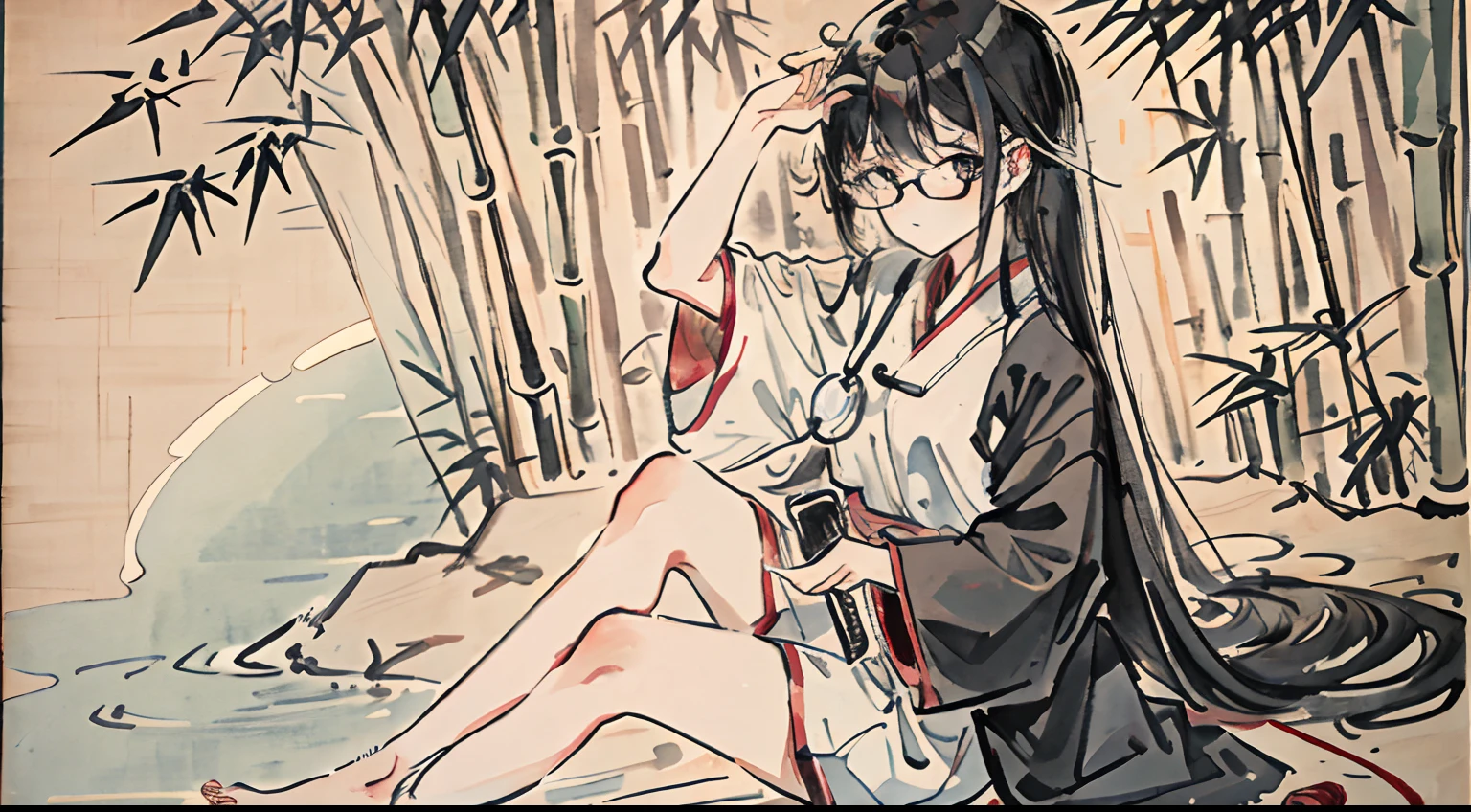 Close-up,A pretty girl,Traditional Chinese Ink Painting,wears glasses,Stethoscope in hand,messy hair,Black hair,Barefoot,looking toward the viewer,In the bamboo forest,