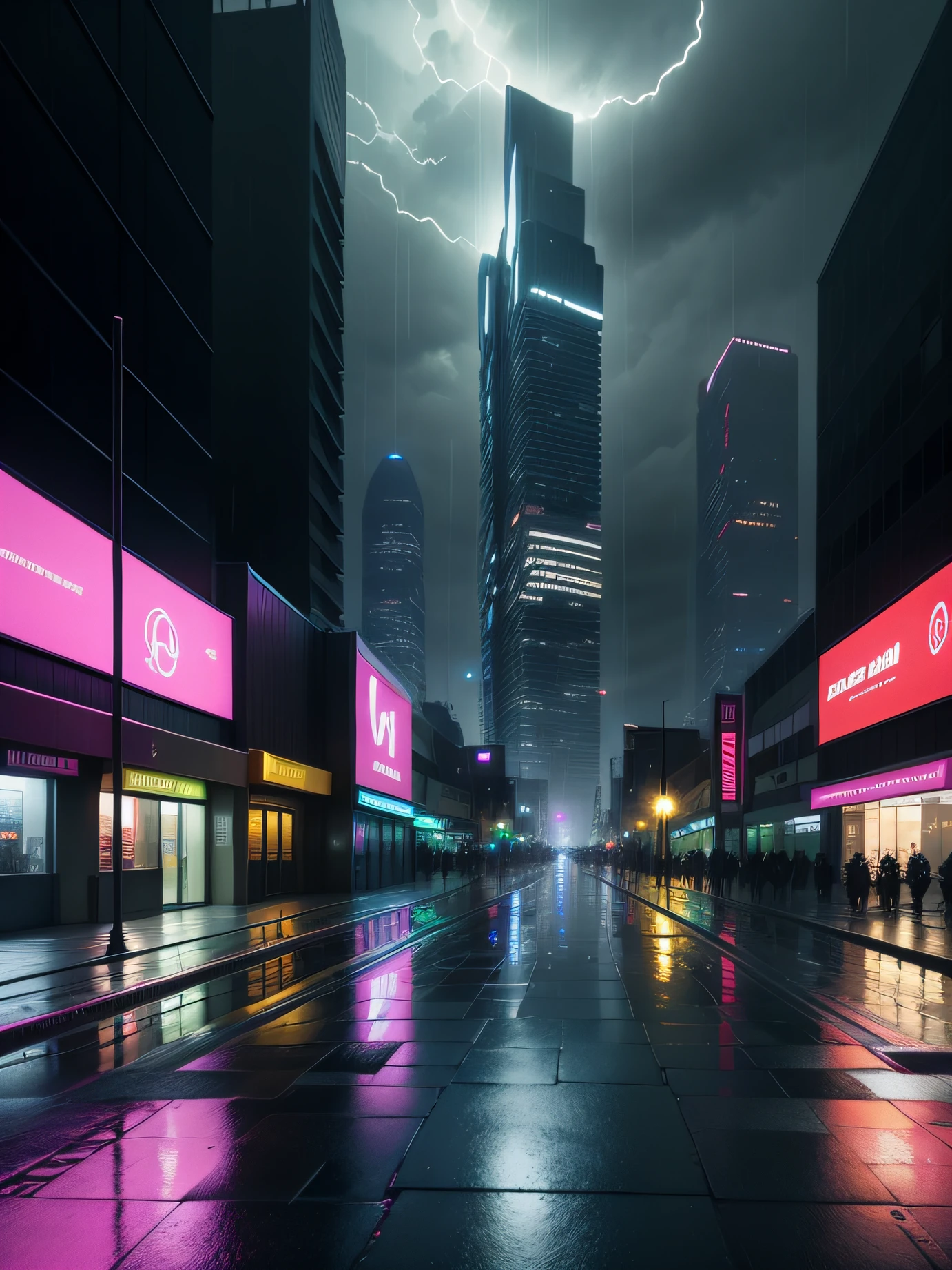 with intense rain，pavements，Spacious open space，Distant cities，neonlight