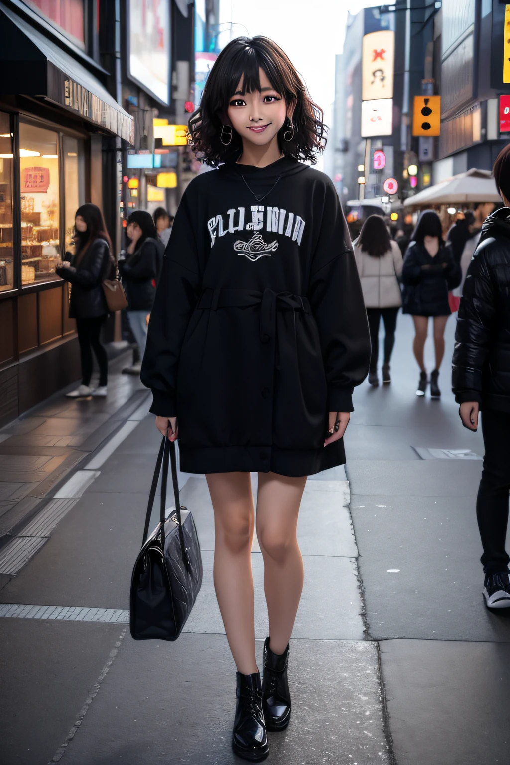 studio lights、depth of fields、full body Esbian、A slender、cute  face、A smile、Beautiful detail eyes、Japan 19 years old、cute little、Voluminous curls with warm black color、plaza、rcasual、The town of Shibuya、