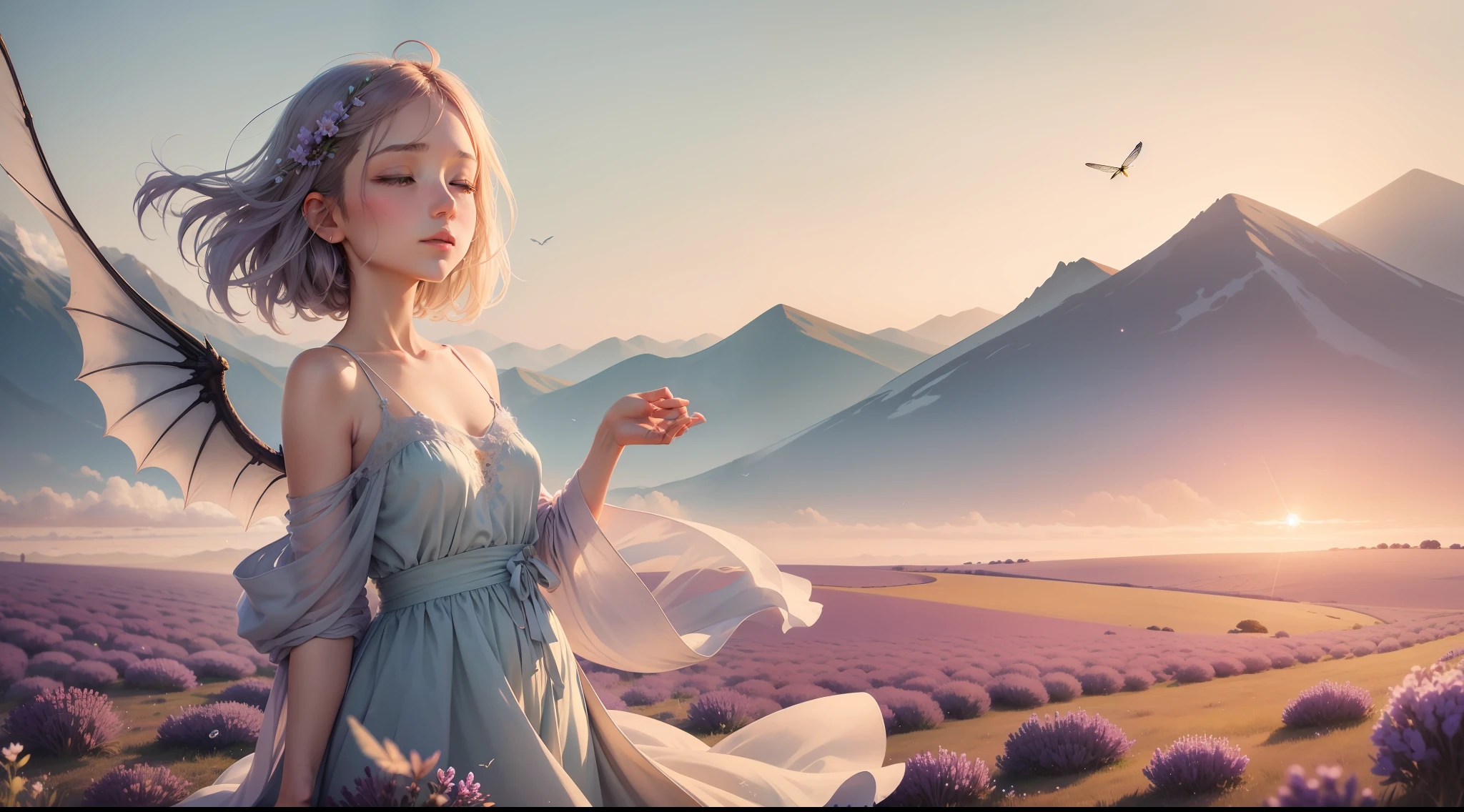 A soft, watercolor backdrop in muted shades of lavender, sky blue, and pale gold represents the early morning sky. Positioned centrally is a delicate silhouette of a lark, its wings outstretched in mid-flight. Below, gentle strokes depict a meadow, with hints of dewdrops glistening on grass and the faintest impressions of dragonflies hovering above. The overall effect is dreamy, ethereal, and deeply calming.