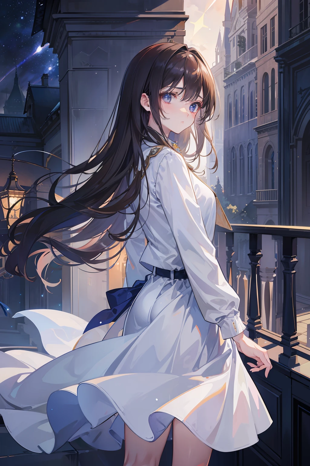 Masterpiece, Best quality, The most meticulous and exquisite, high resolution CG illustration, Fantasy atmosphere, Beautiful and delicate,Standing by the balcony,Wear a white school uniform jacket,Indigo eyes, A melancholy look, Glittering starry sky, gentlesoftlighting, Romantic, Wind,brunette color hair)
