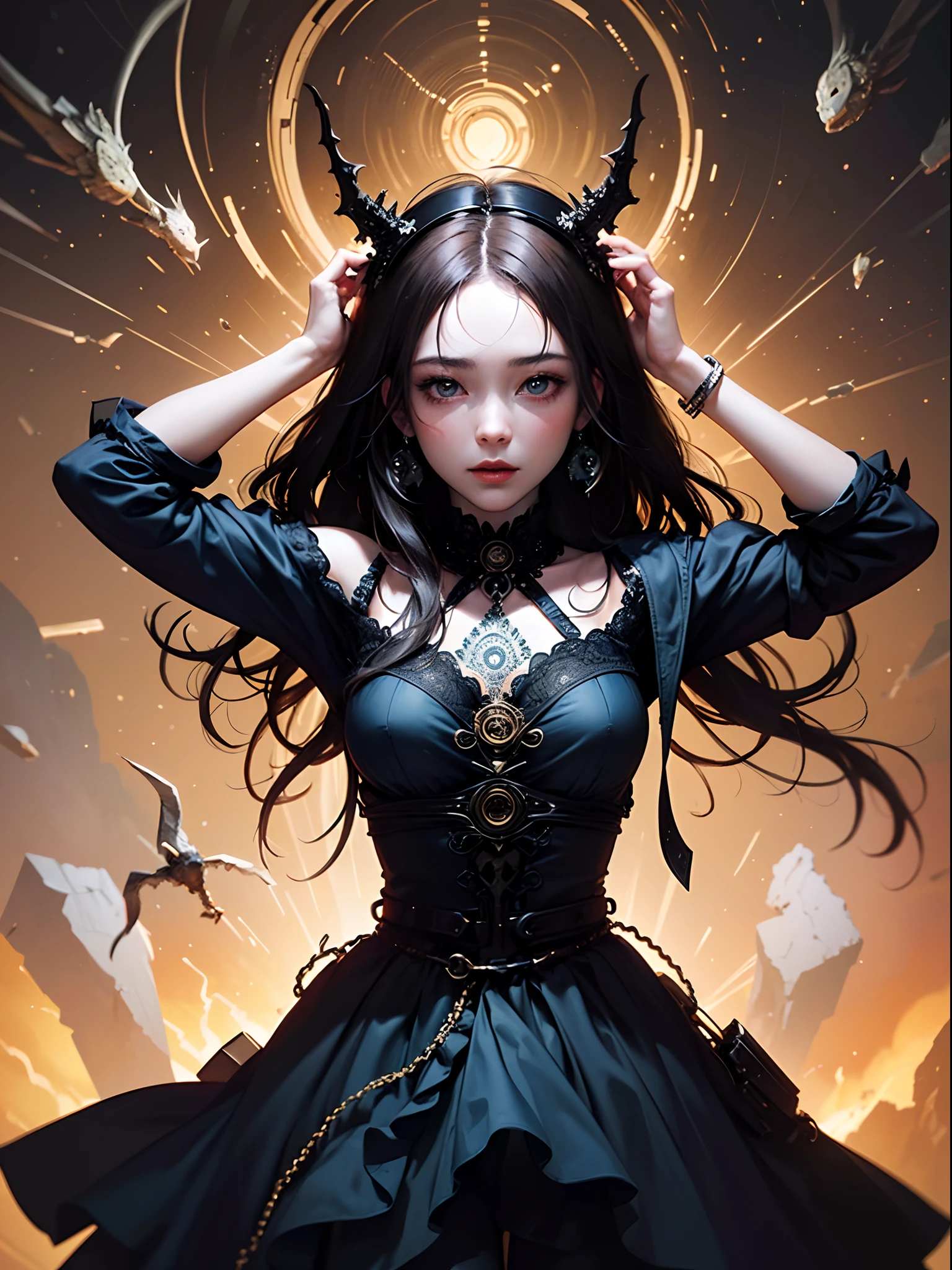 official art, unity 8k wallpaper, ultra detailed, beautiful and aesthetic, masterpiece, best quality, (zentangle, mandala, tangle, entangle), (fractal art:1.3) , 1girl, extremely detailed, dynamic pose, cowboyshot, beautiful chaos, elegant, a brutalist designed, vivid colours, romanticism, by james jean, roby dwi antono, ross tran, francis bacon, michal mraz, adrian ghenie, petra cortright, gerhard richter, takato yamamoto, ashley wood, atmospheric.