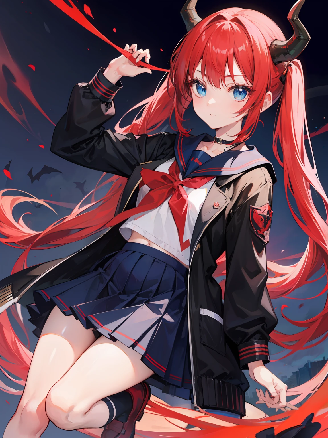 red hair, blue eyes, twintails, Sailor suit,black coat, Dragon horns,Pleated skirt,solo,loli,cute,bow