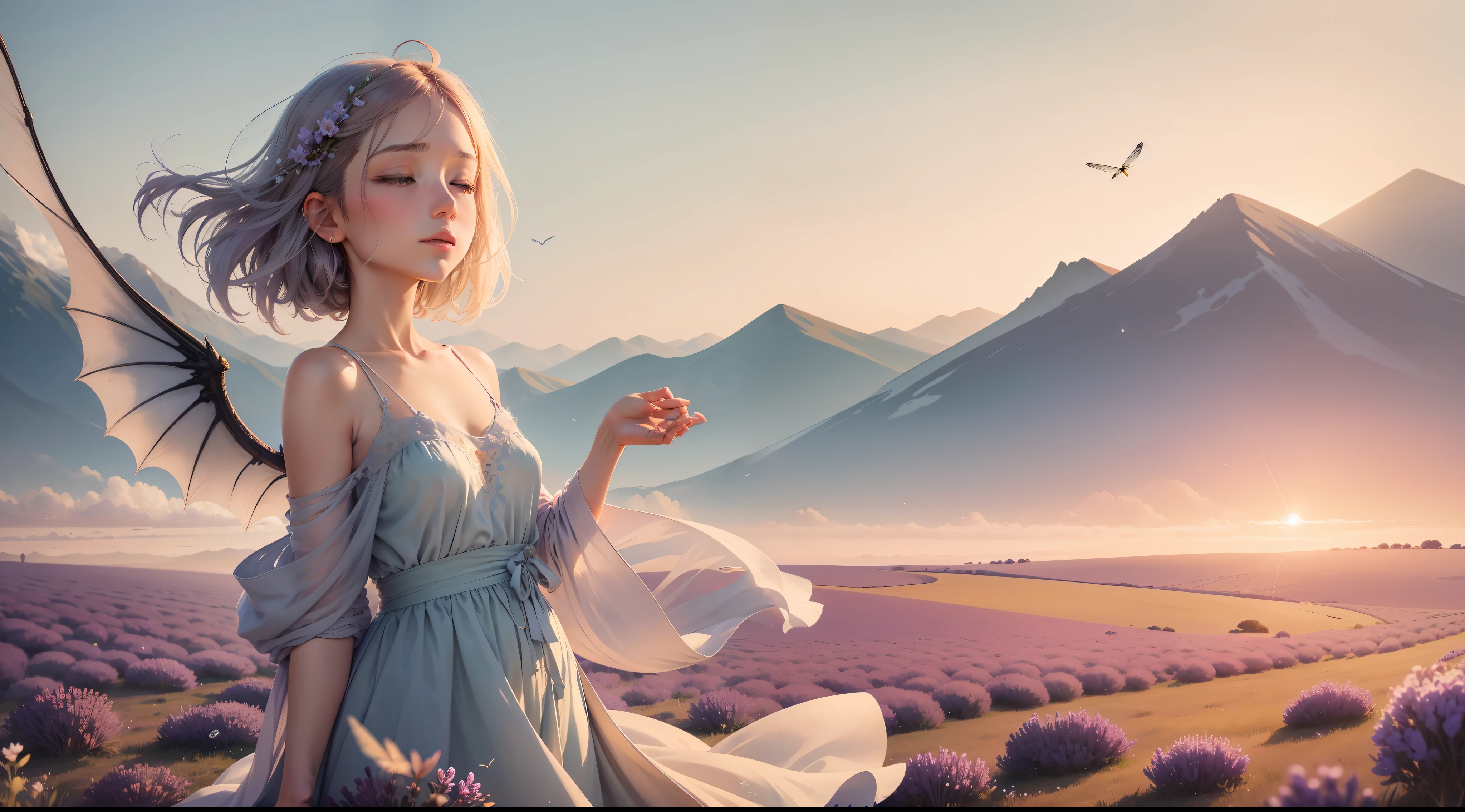 A soft, watercolor backdrop in muted shades of lavender, sky blue, and pale gold represents the early morning sky. Positioned centrally is a delicate silhouette of a lark, its wings outstretched in mid-flight. Below, gentle strokes depict a meadow, with hints of dewdrops glistening on grass and the faintest impressions of dragonflies hovering above. The overall effect is dreamy, ethereal, and deeply calming.