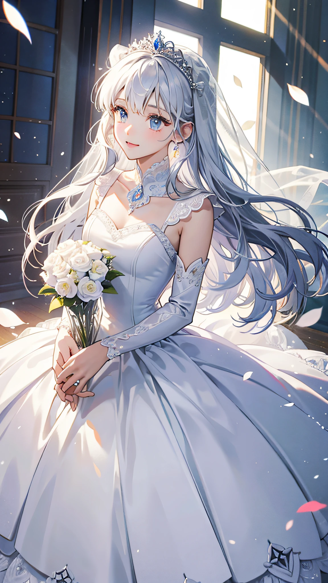((best quality)), ((masterpiece)) WEDDING PRINCESS DRESS, light ray, lens flare, white petals, long coated cat, exotic