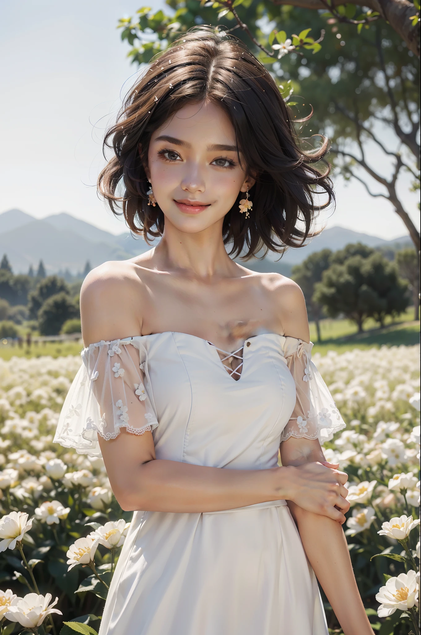 A cute sunny girl, best quality, masterpiece, super high resolution, (realism: 1.4), original photo, 1girl, white dress, bare shoulders, blooming flower field, glowing skin, light smile, suspenders, smooth skin