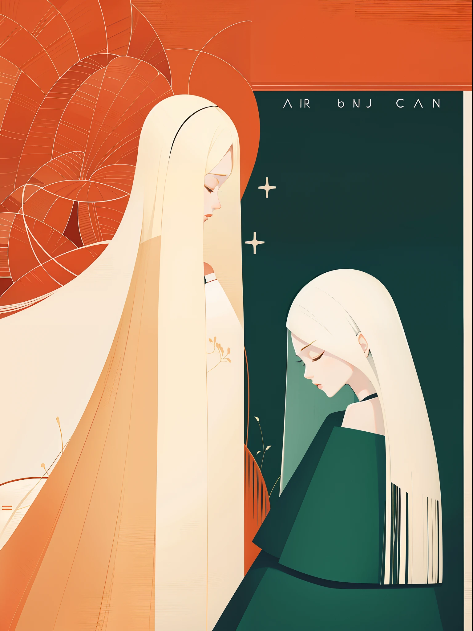 two girls, white hair, close eyes, praying, in the style of figurative minimalism, warm color palette, utilitarian, organic shapes and lines, illustration, danish design, facing front, wild background, flat illustrations --ar 9:16 --niji 5 -