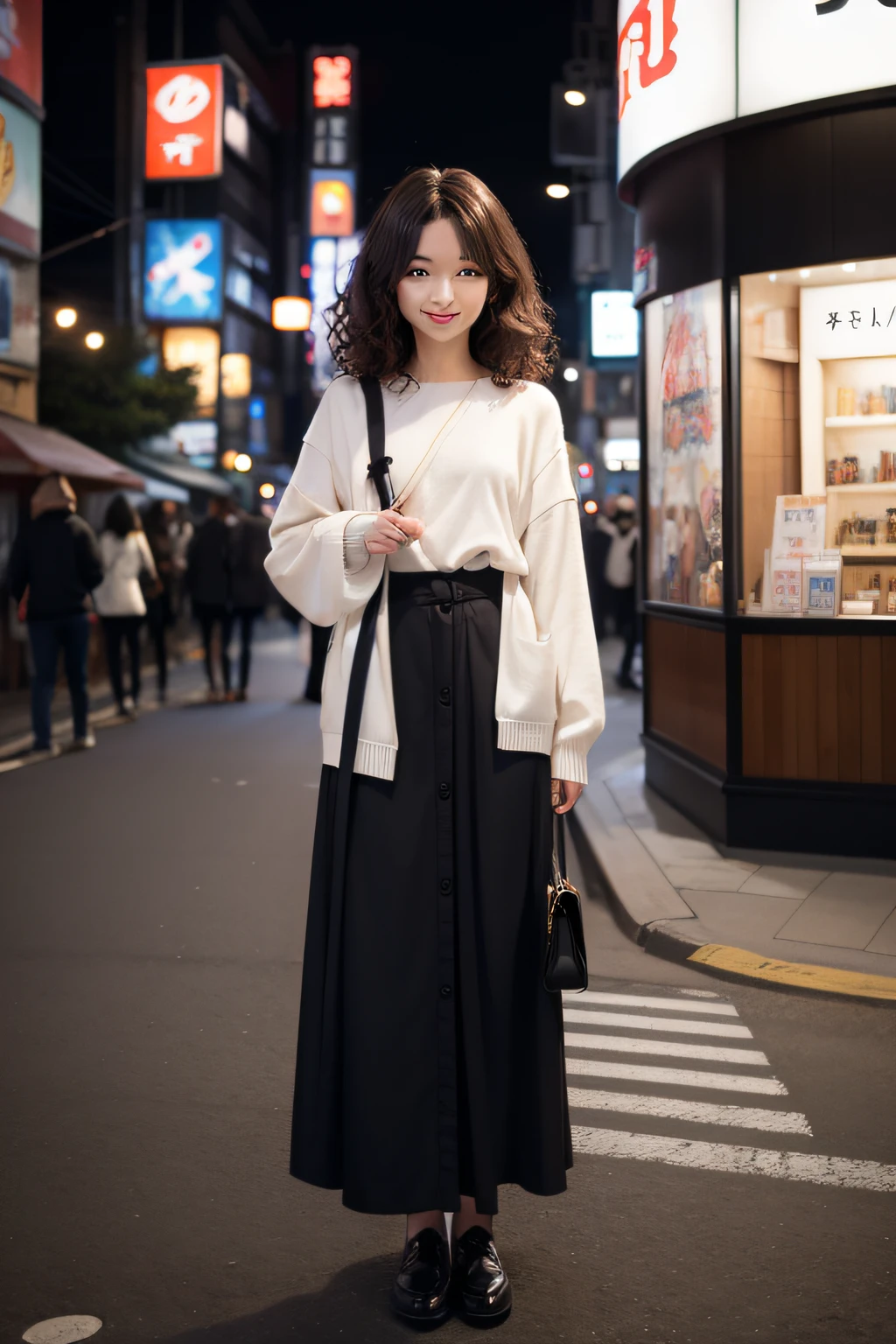 studio lights、depth of fields、full body Esbian、A slender、cute face、A smile、Beautiful detail eyes、Japan 19 years old、cute little、Voluminous curls with warm black color、plaza、rcasual、The town of Shibuya、