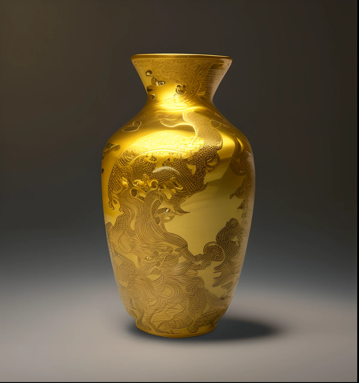 Gold vase：1.5，There is a dragon design on it,loong pattern， style of chinese vase,ancient chinese ornate, vases, Chinese art, museum item, museum artifact, ancient china art style, vase work, museum masterpiece, Museum works, mountain water, Qing dynasty，hyper HD， high qulity， extremely detaile， offcial art， 统一 8k 壁纸， super detailing